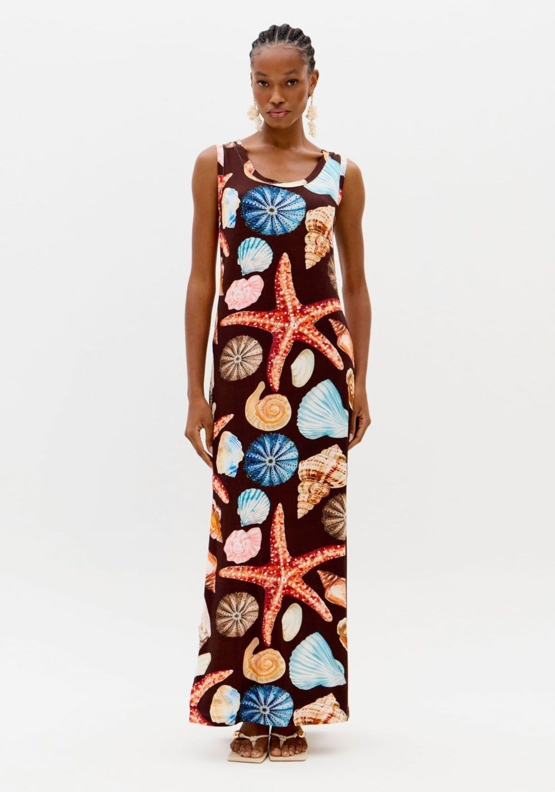 Vista principal Vestido Super Midi Estampado Com Fenda Lança Perfume marrom