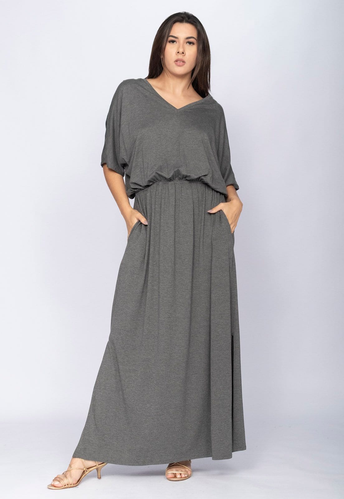 Vista principal Vestido CabanaFree Longo Plus Malha Mescla Cabanafree cinza