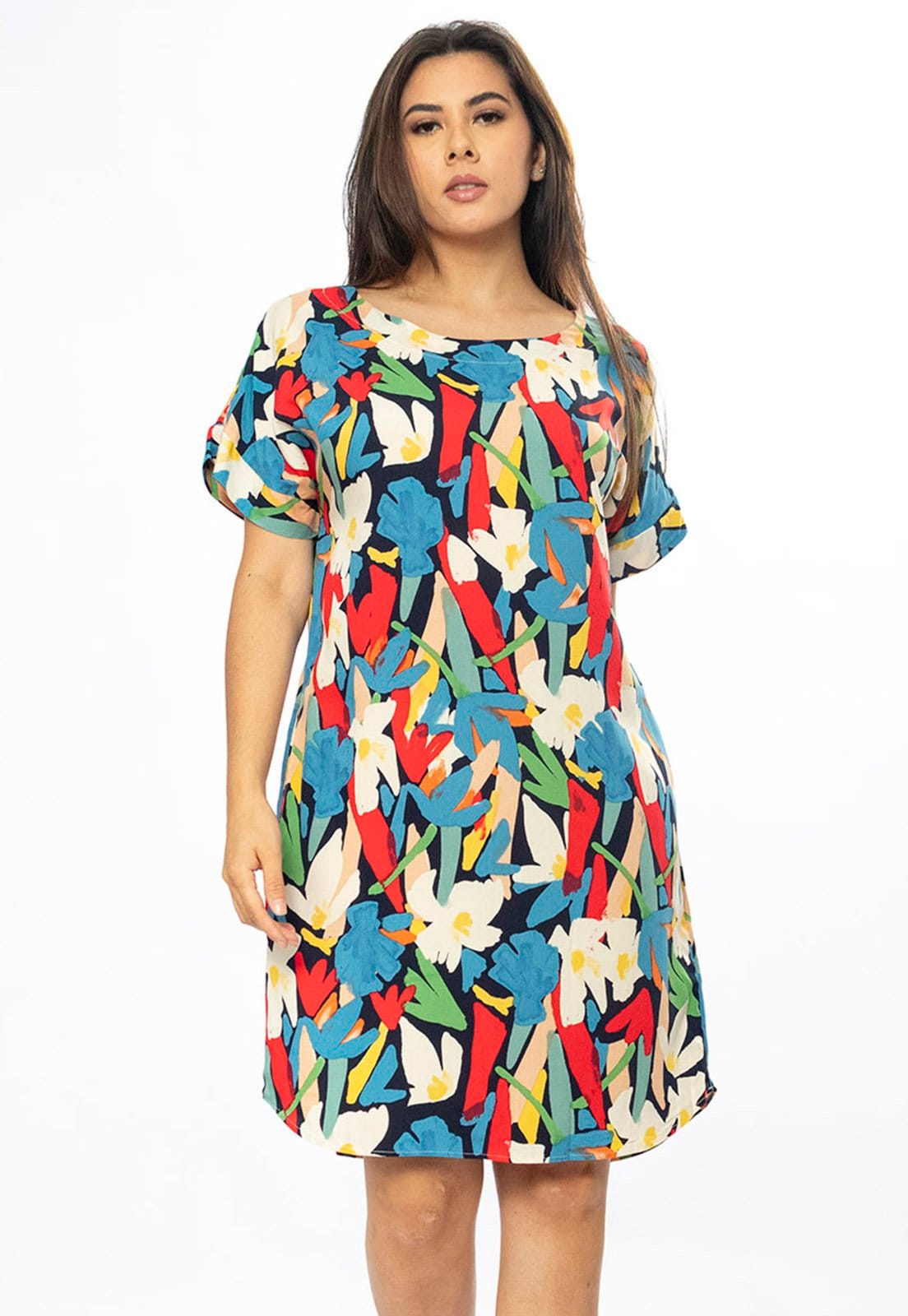 Vista principal Vestido Curto Cabanafree Viscose com Bolso Estampa Floresce Cabanafree amarelo/estampado/laranja