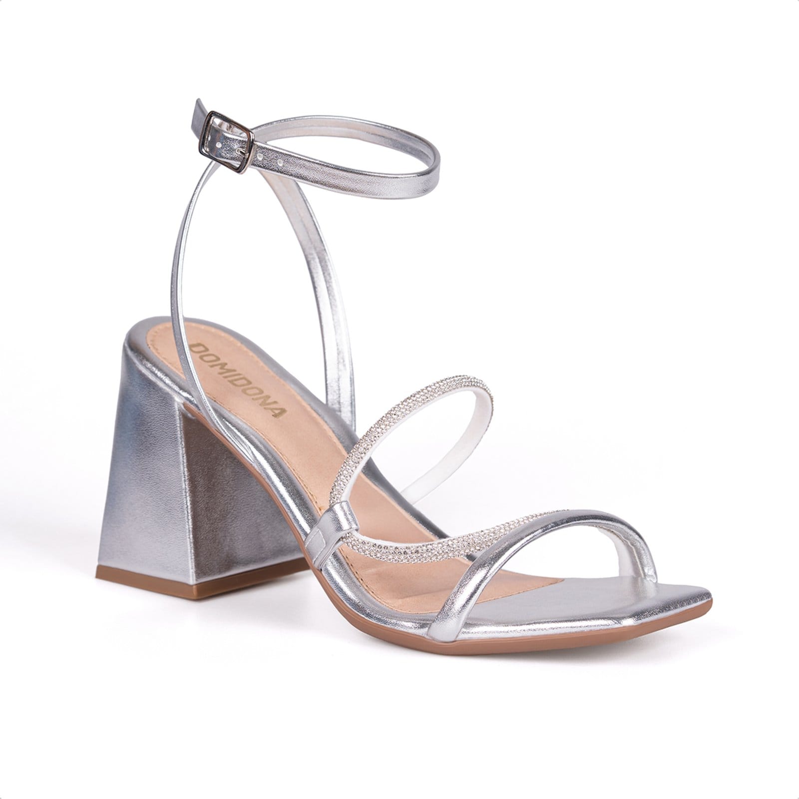 Vista principal Sandália Salto Grosso Bloco Tiras Duplas De Strass Domidona prata