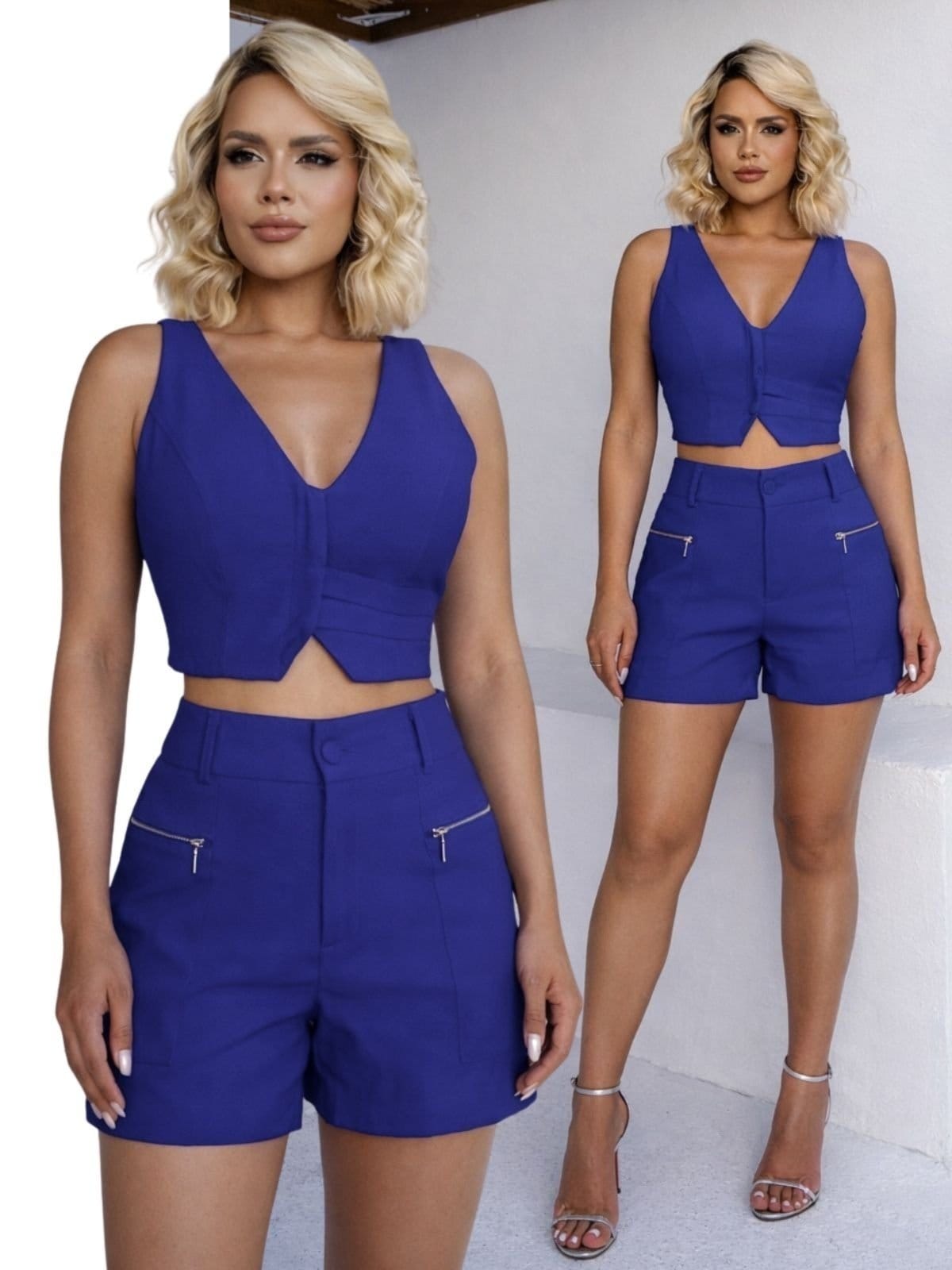 Vista principal Conjunto Feminino Linho Cropped Colete e Shorts 2030 - Azul DIVINA GATA amarelo azul