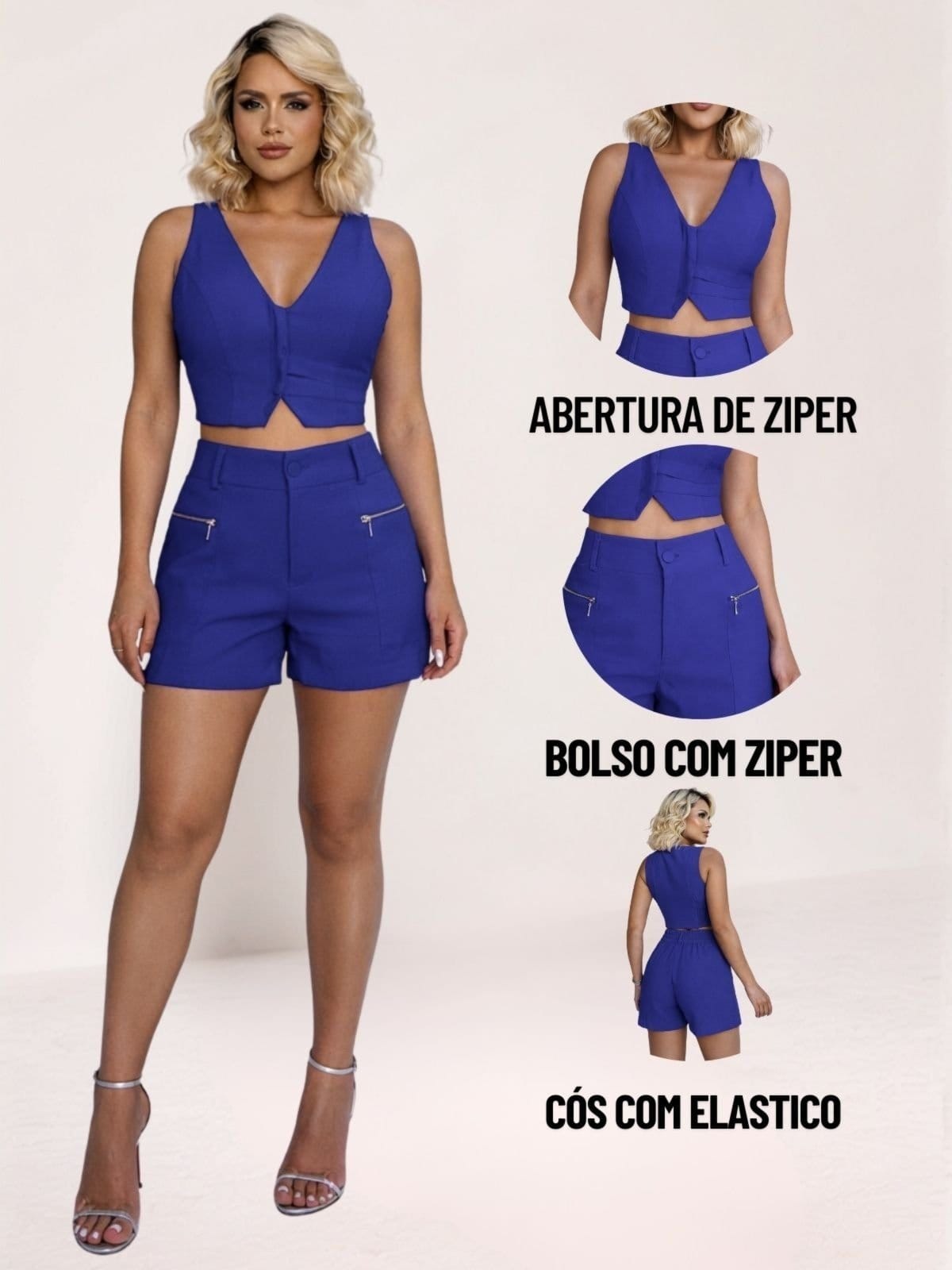 Vista 2 Conjunto Feminino Linho Cropped Colete e Shorts 2030 - Azul DIVINA GATA amarelo azul