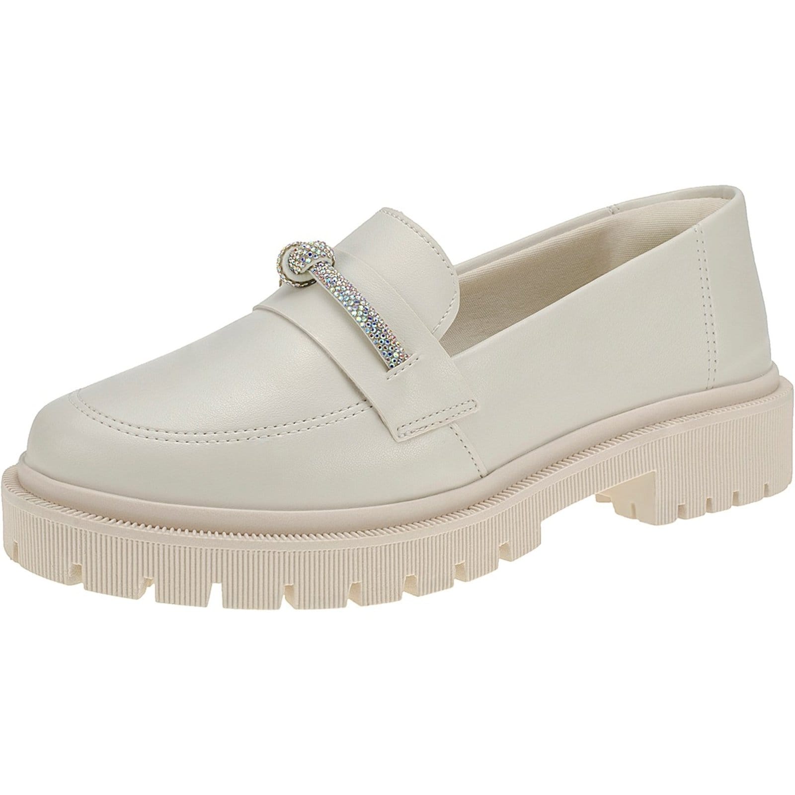 Mocassim Feminino Tratorado Bico Redondo com Enfeite Strass Brilho 026-010 Off White