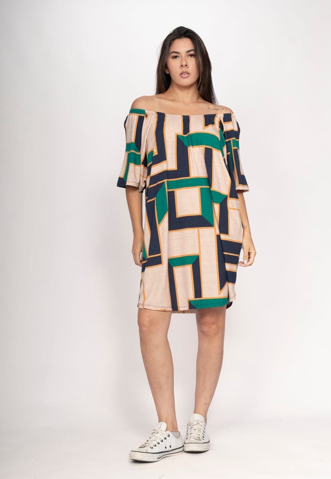 Vista principal Vestido CabanaFree Curto Malha Ombro a Ombro Mullet Amplo Estampa Chapada de Areia Cabanafree estampado