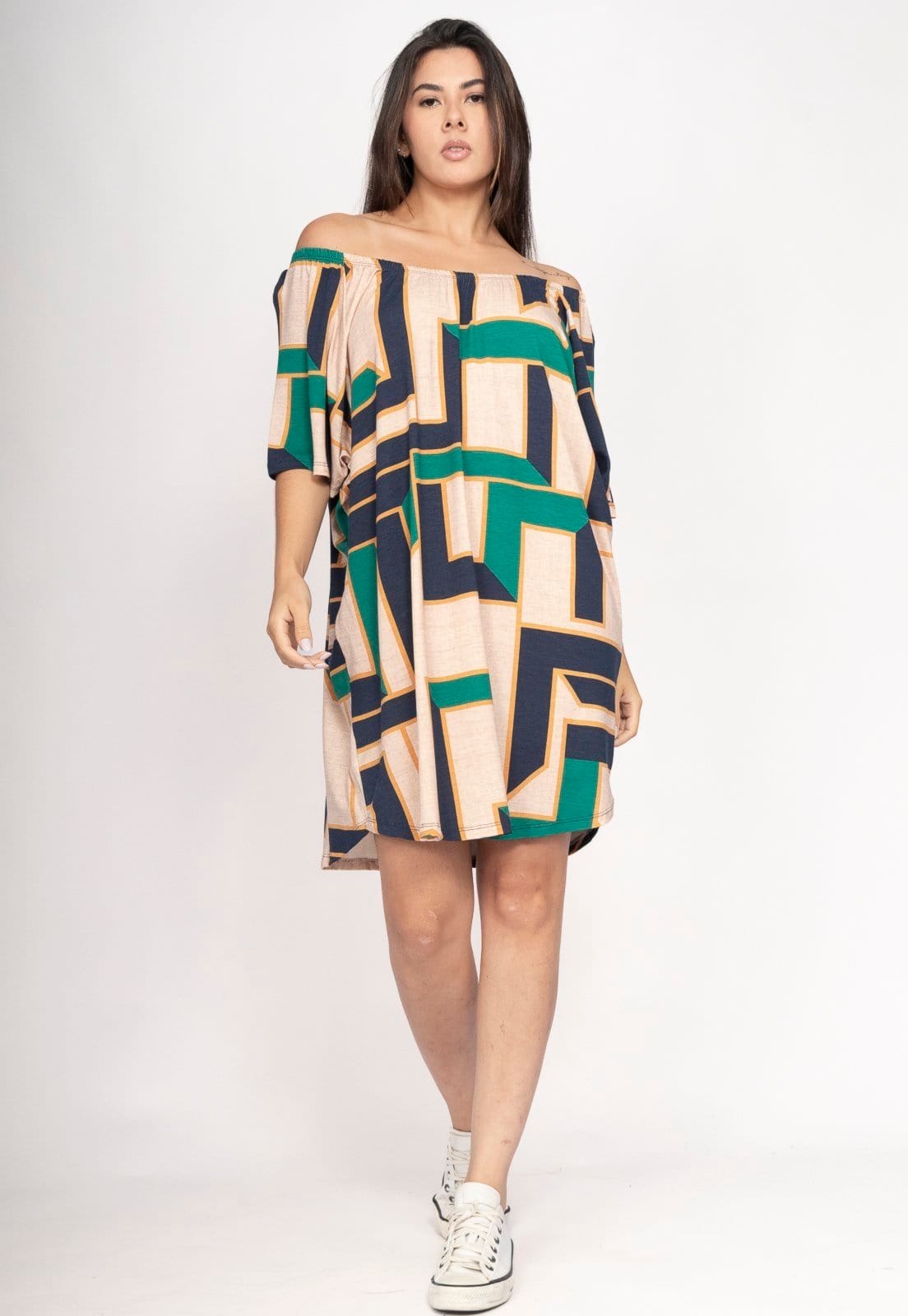 Vista 2 Vestido CabanaFree Curto Malha Ombro a Ombro Mullet Amplo Estampa Chapada de Areia Cabanafree estampado