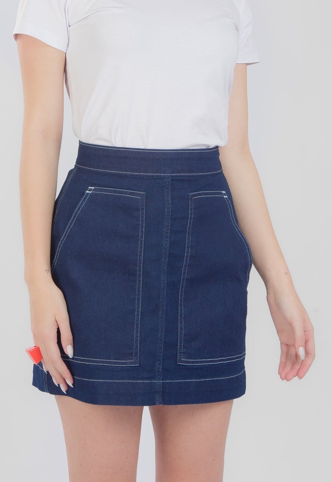 Vista 2 Saia Jeans Traymon Amaciada Marinho Traymon azul marinho