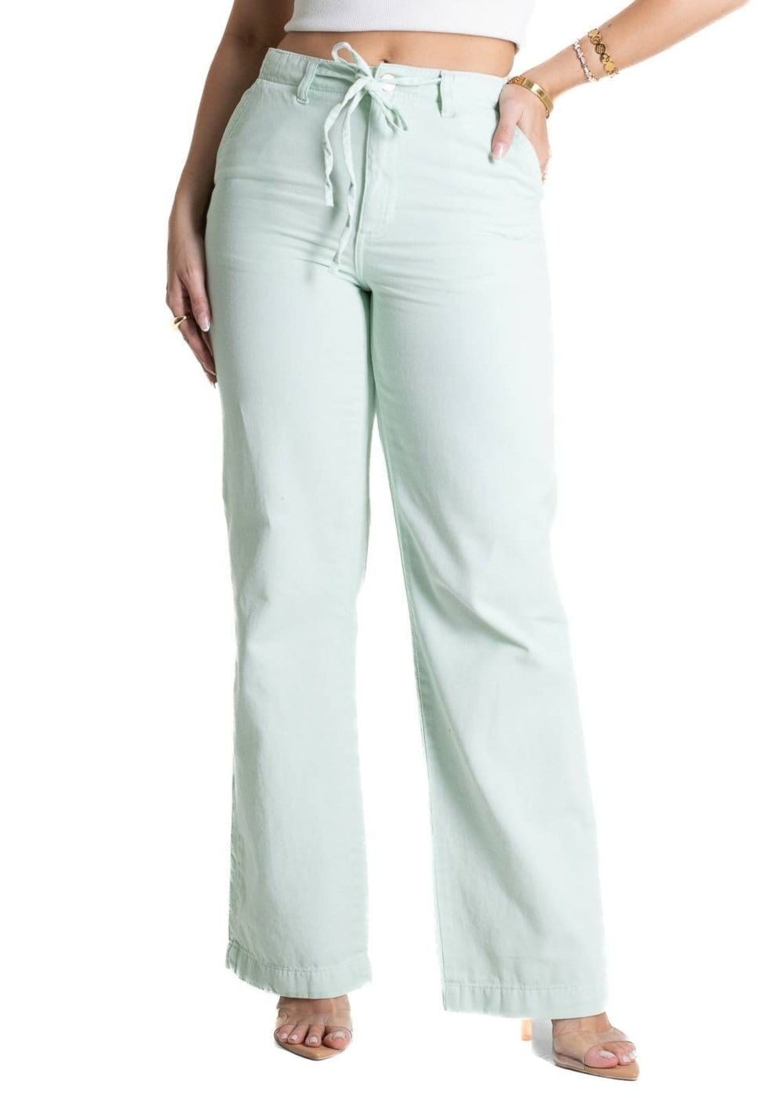 Vista principal Calça Sarja Sawary Wide Leg - 281778 Sawary verde