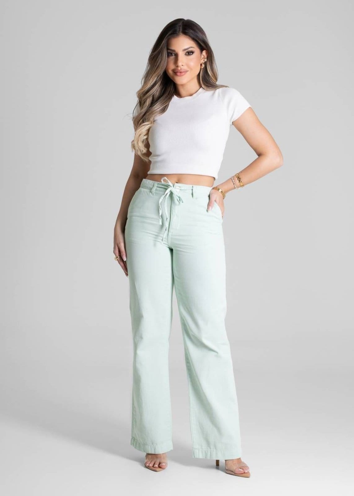 Vista 2 Calça Sarja Sawary Wide Leg - 281778 Sawary verde