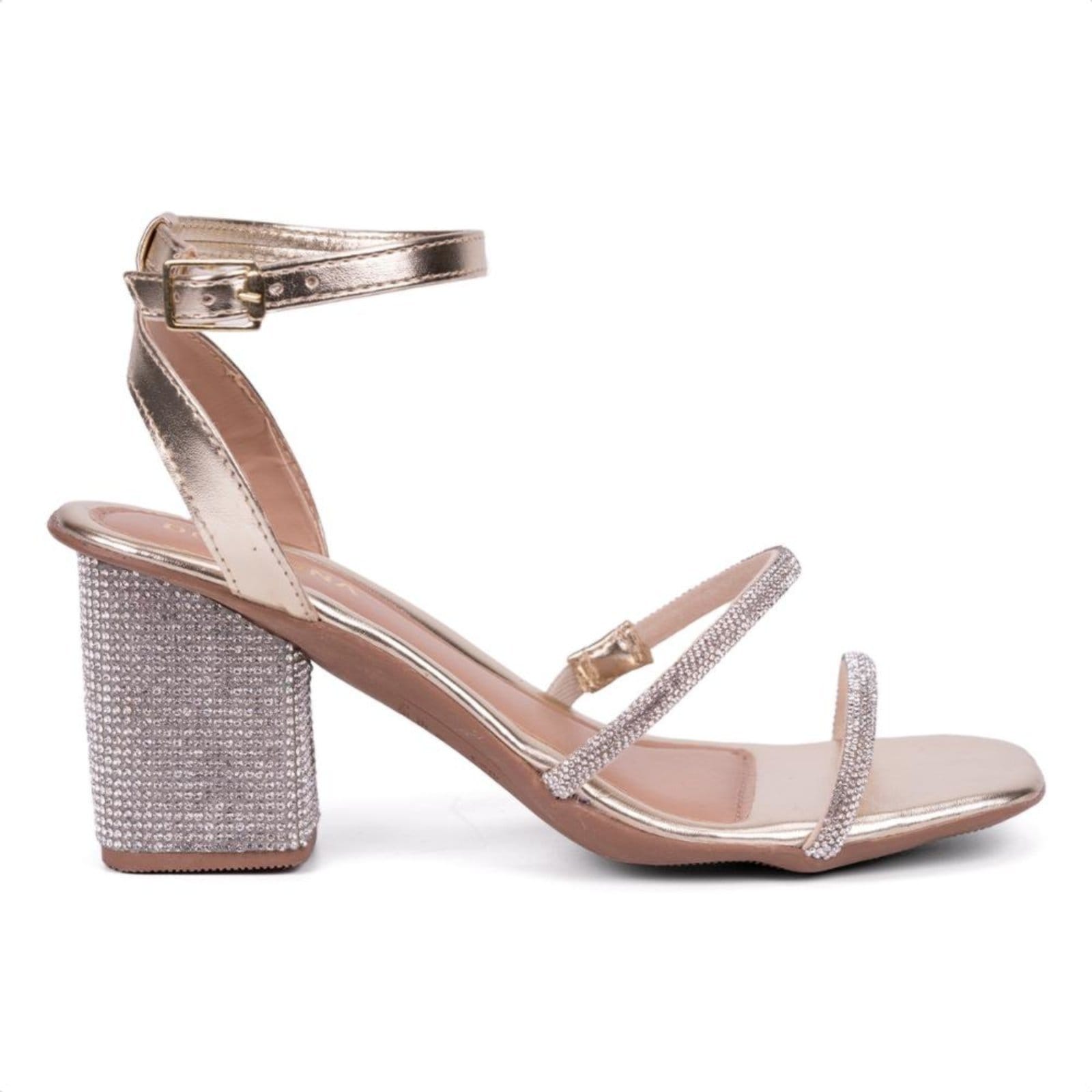 Sandália Feminina Salto Grosso Bloco Strass Tiras Brilhantes