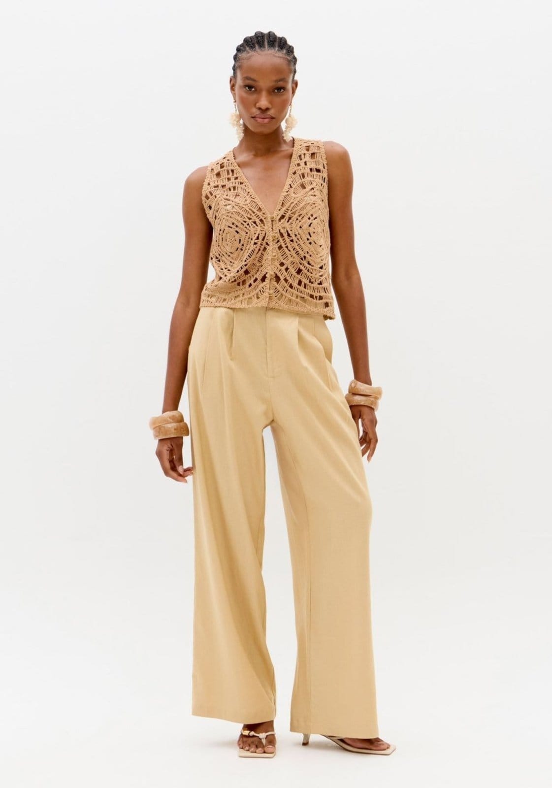 Calça Reta Cintura Alta Com Linho