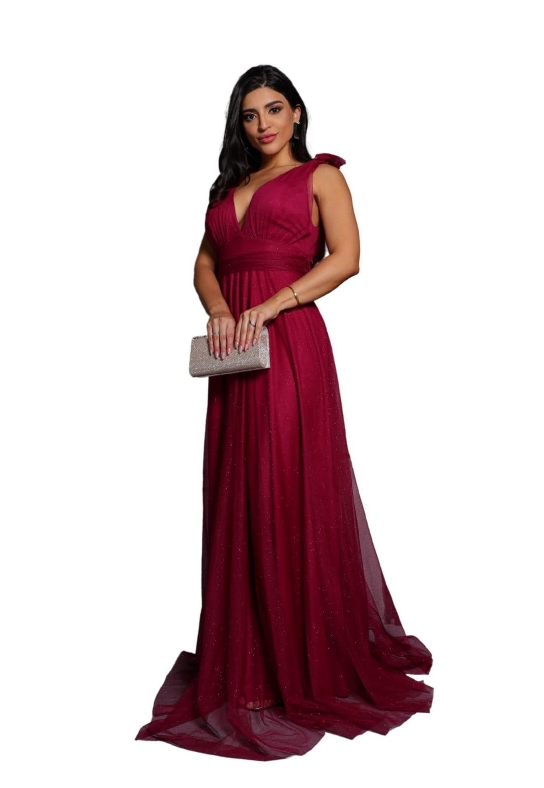 Vestido Longo de Festa Micro Tule com Brilho Madrinhas Decote em V Greice Fúcsia