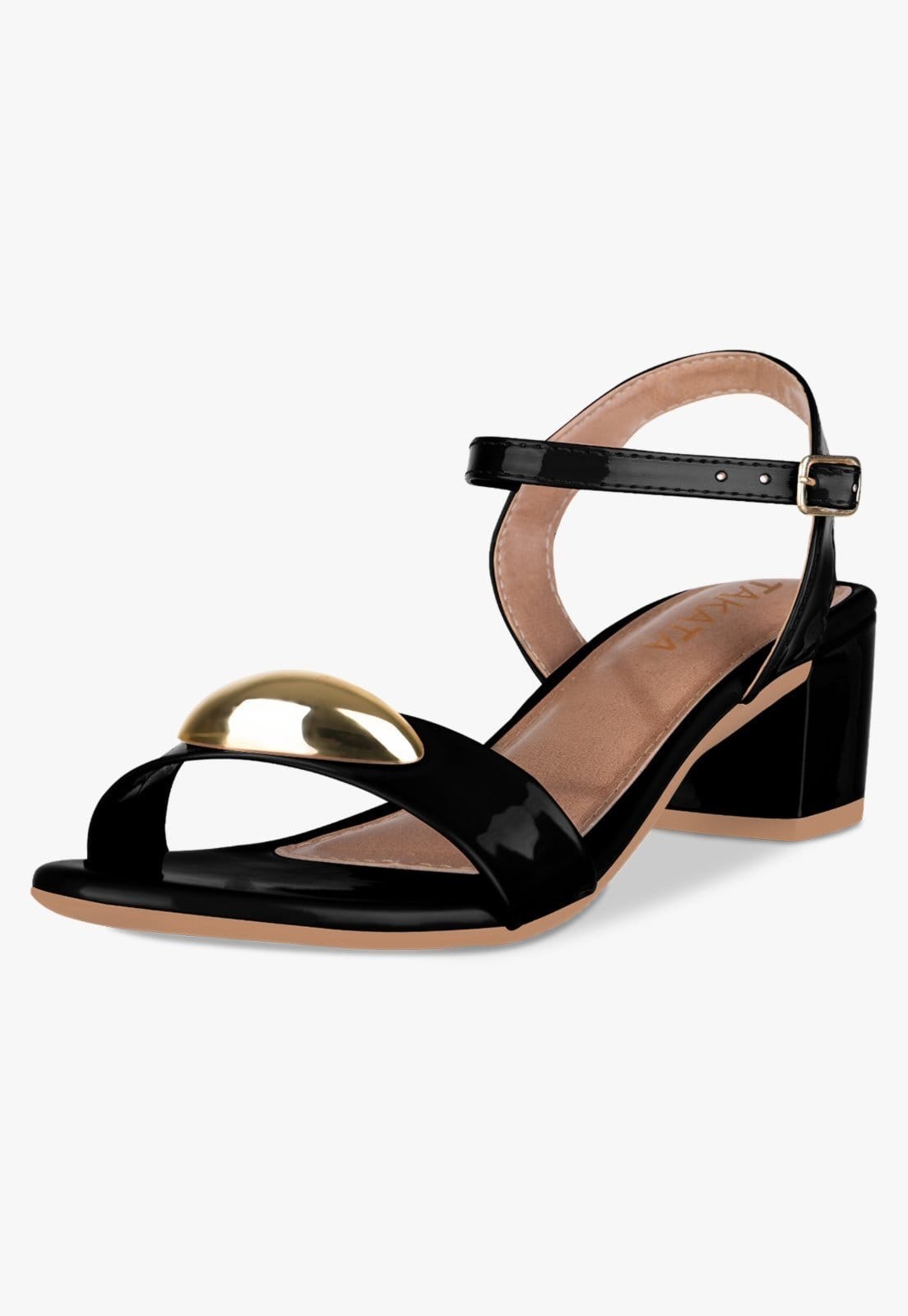 Sandália Feminina Salto Bloco Baixo Enfeite Metal Dourado