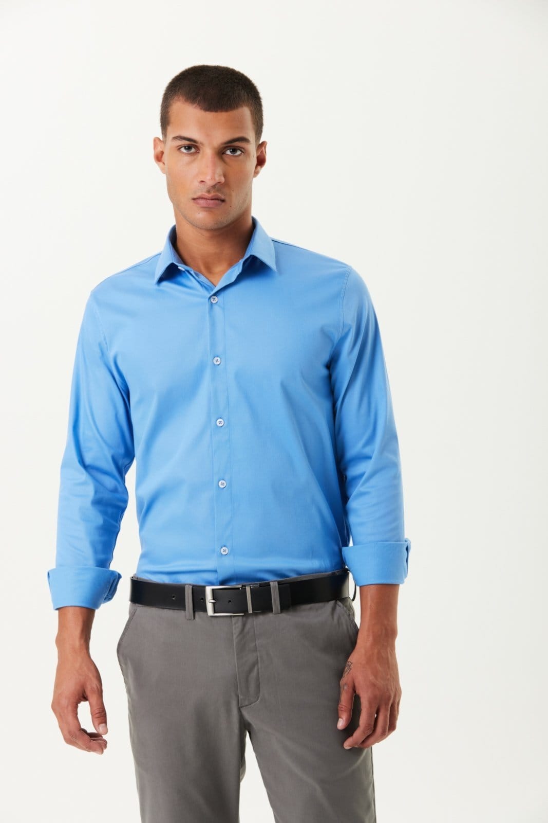 Vista principal Camisa Traymon Regular Algodão Egípcio Azul Indigo Traymon unico azul