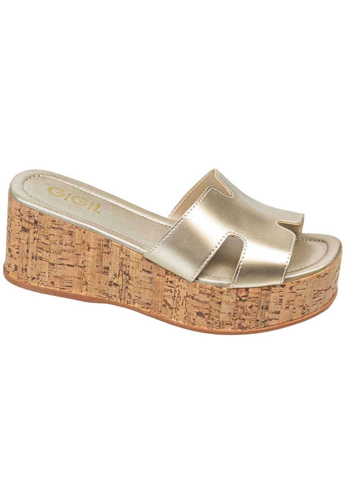 Sandália Feminina GiGiL Tamanco Plataforma Anabela Flatform Tiras em H Solado Cortiça Salto Médio Casual