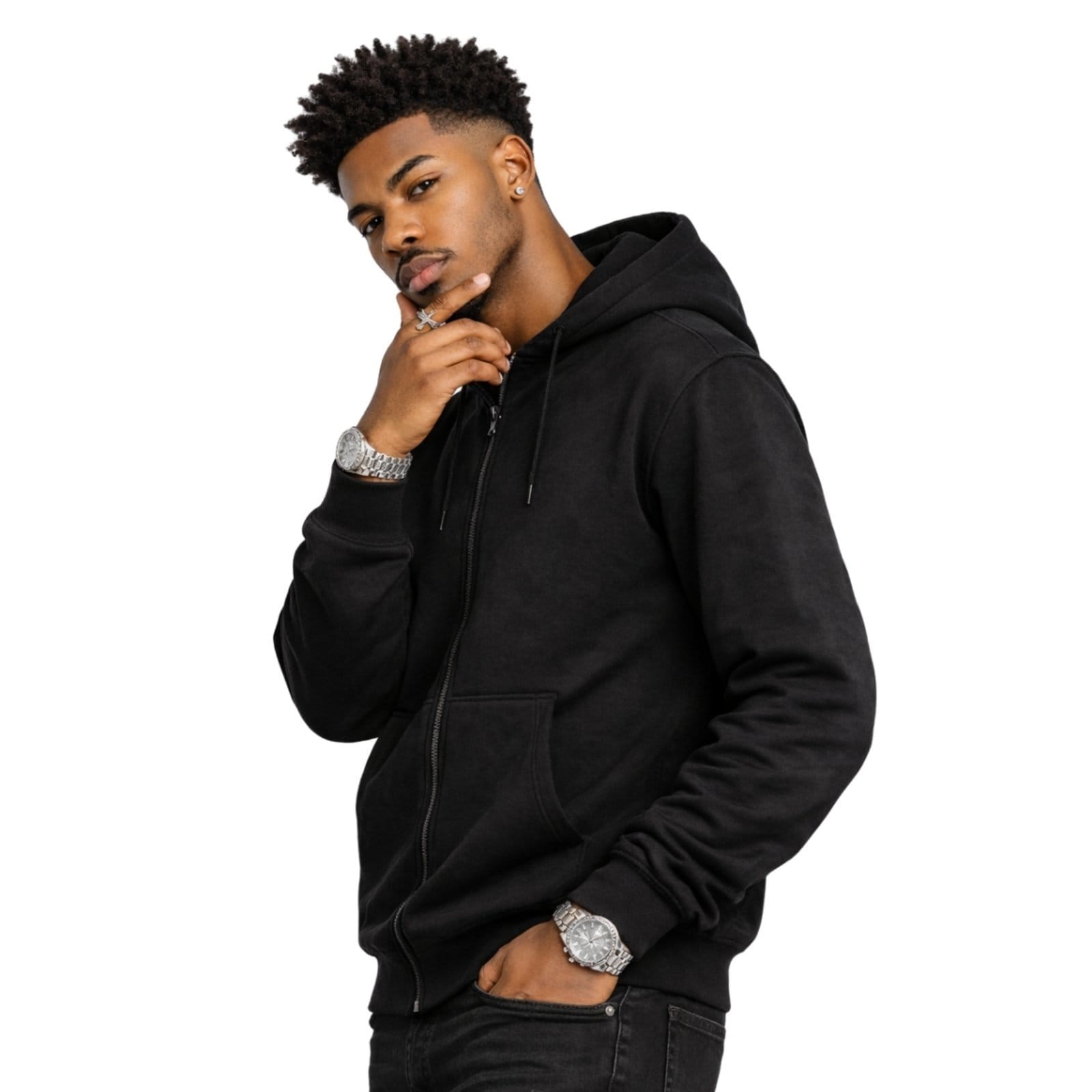 Vista 2 Jaqueta De Moletom Ziper Blusa Masculina Com Bolso e Capuz Liso Relaxado preto