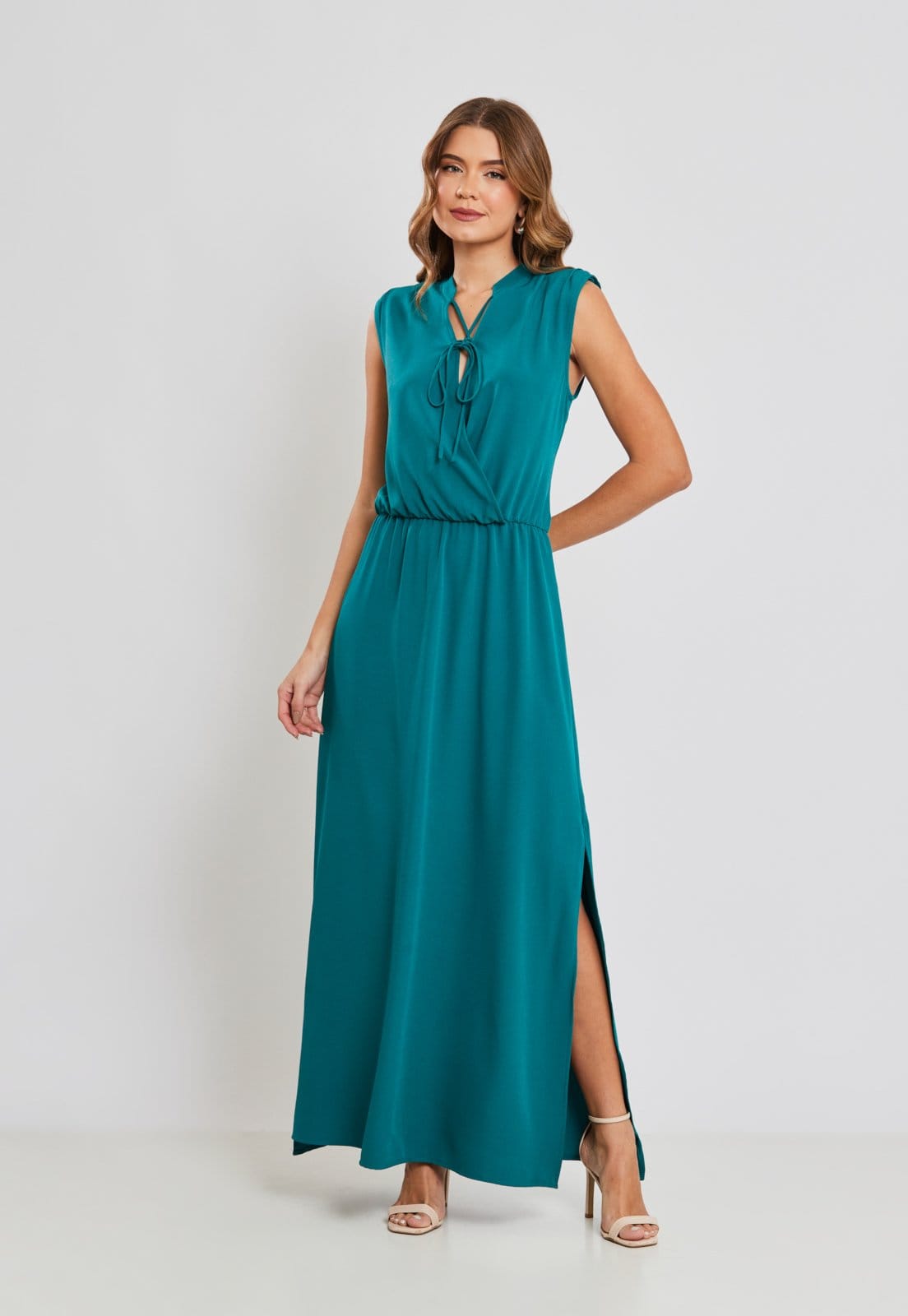 Vista principal Vestido Boho Miss Joy 8334 Longo Fendas Laterais Escuro MISS BY JOY verde