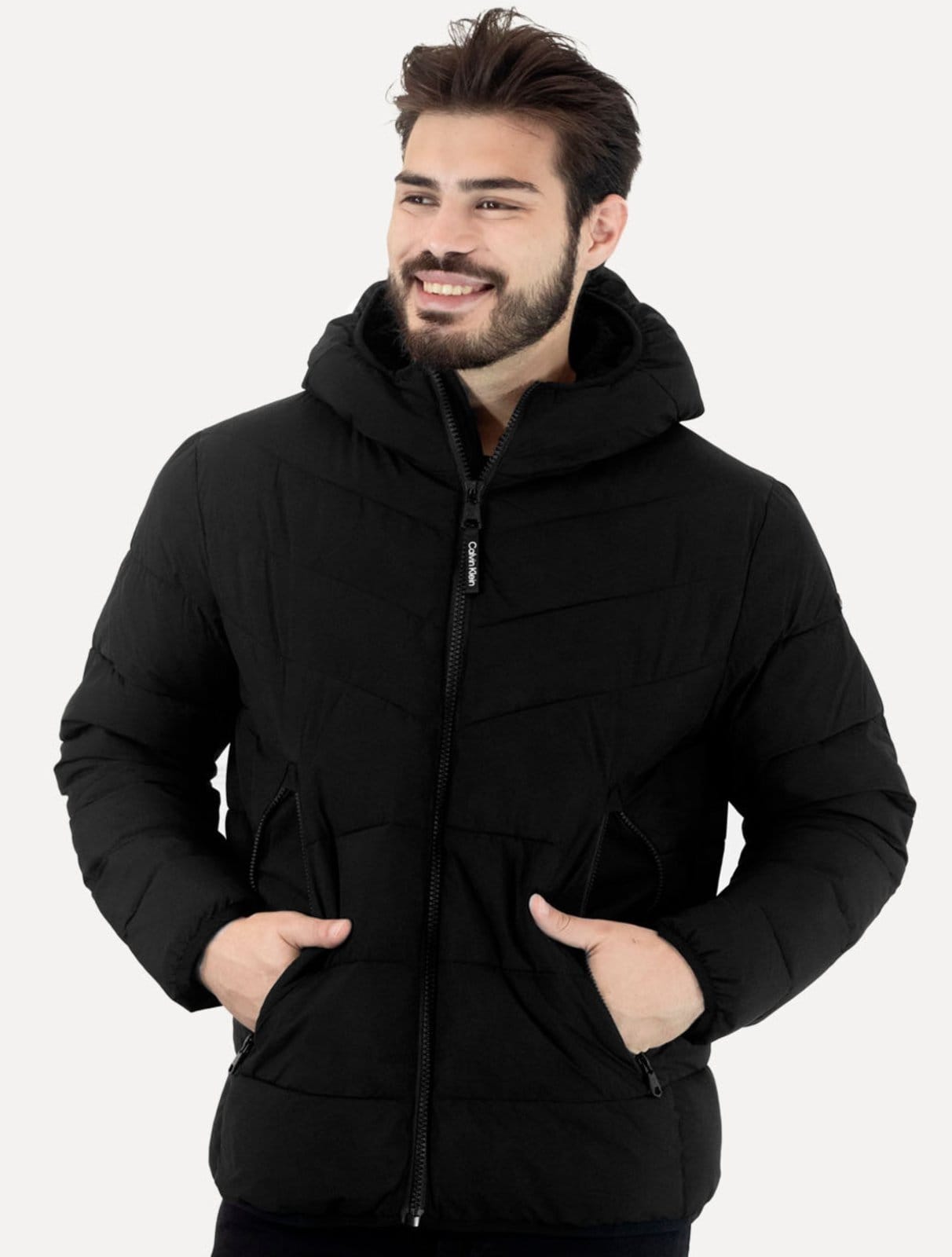 Vista principal Jaqueta Calvin Klein Masculina Hoodie Matelassê Ziper Preta Calvin Klein preto