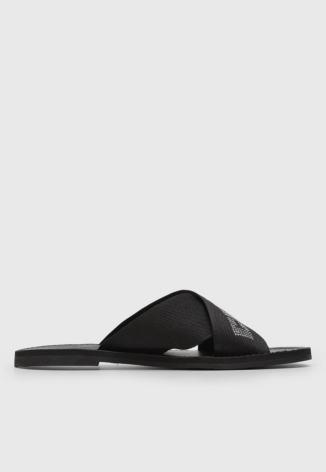 Vista 2 Rasteira Feminina Colcci Tiras Cruzadas Pedraria Preta Colcci preto