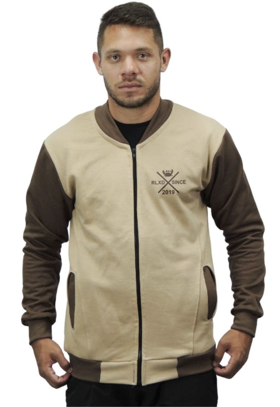 Vista principal Jaqueta de Moletom Relaxado com Ziper Sem Capuz Masculina Relaxado café