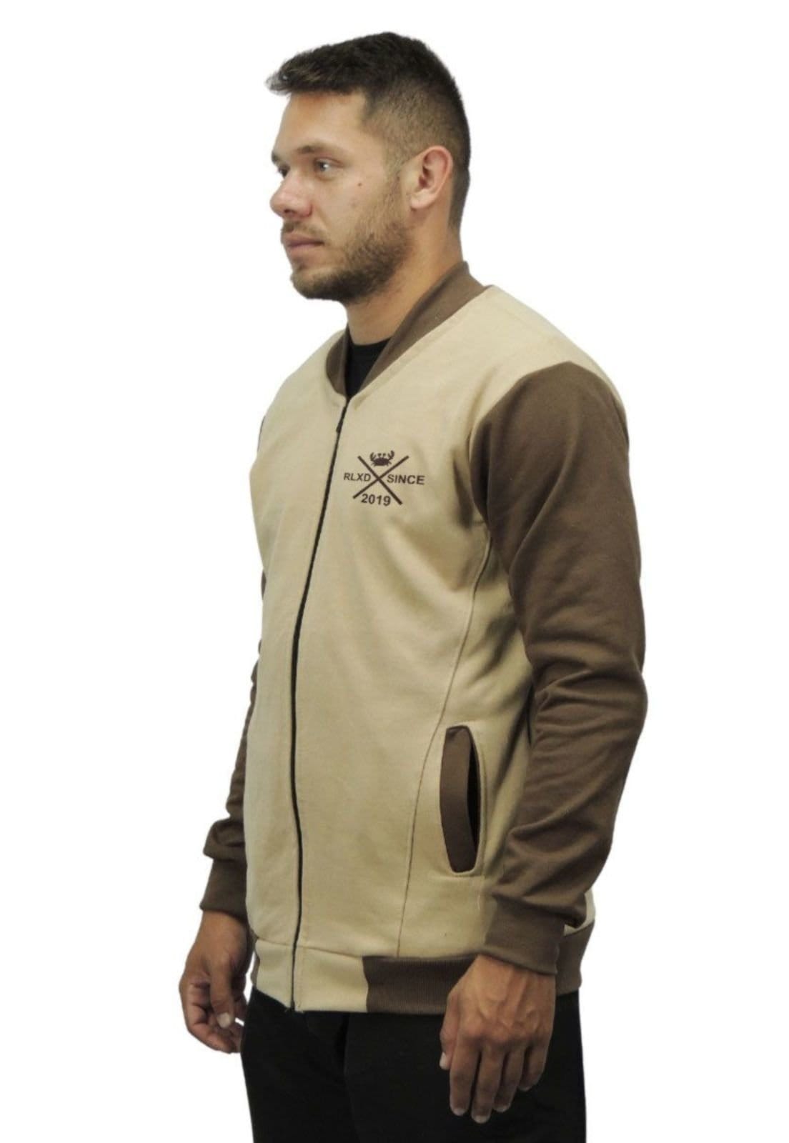 Vista 2 Jaqueta de Moletom Relaxado com Ziper Sem Capuz Masculina Relaxado café