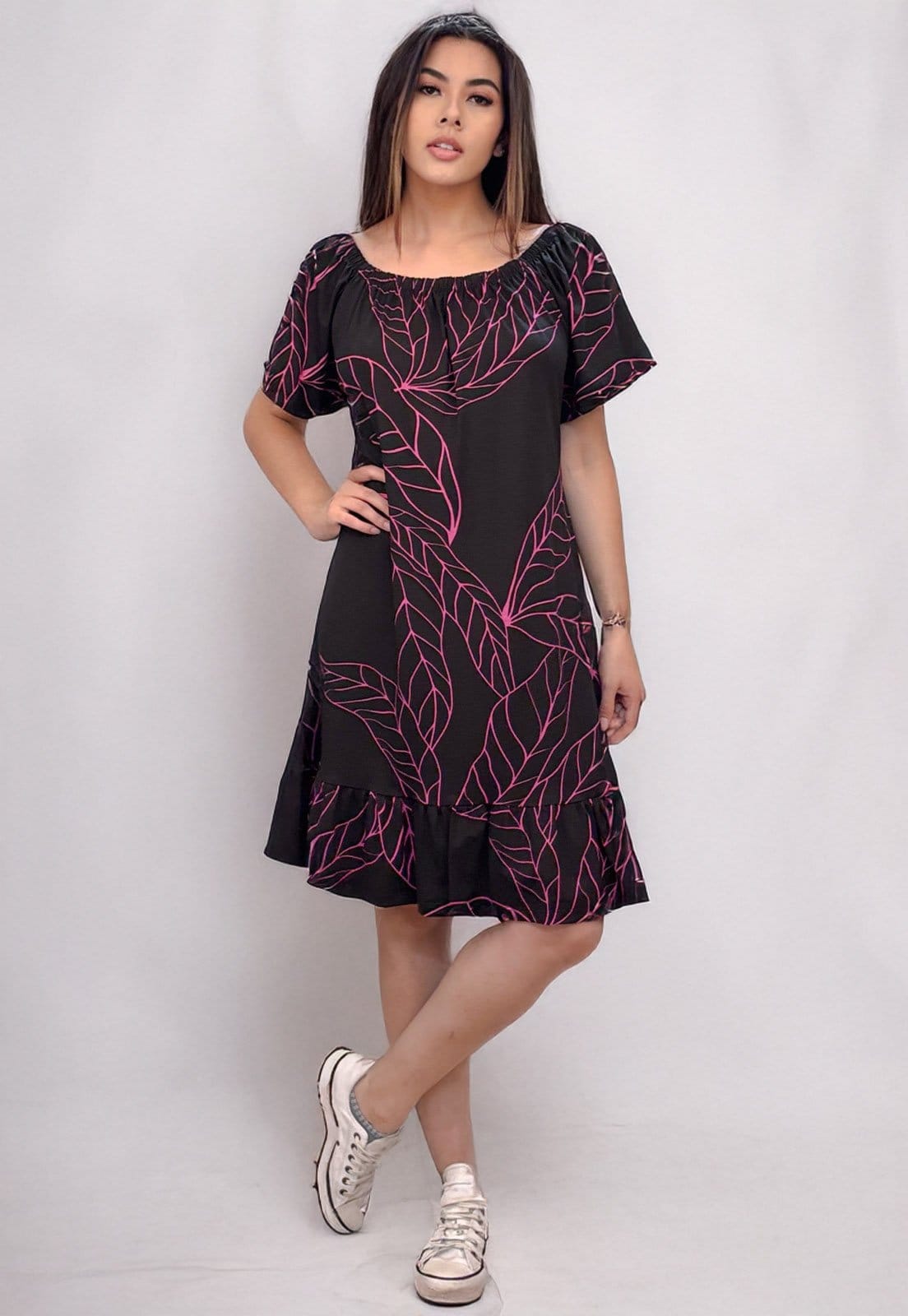 Vestido Curto Cabafree Malha Mullet Ombro a Ombro Amplo Estampa Antúrios Lilas