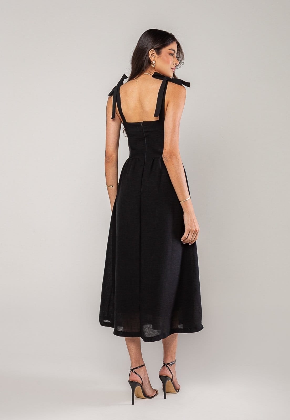 Vista 2 Vestido Alfaiataria Midi Com Alças Largas e Amarração Salvatore Salvatore Fashion preto