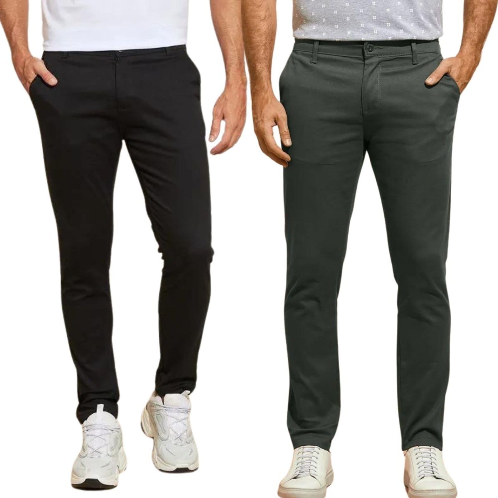 Vista principal Kit 2 Calças FMF de Sarja Chino Com Bolso Traseiro Embutido Alfaiataria Skinny Preto e FMF cinza