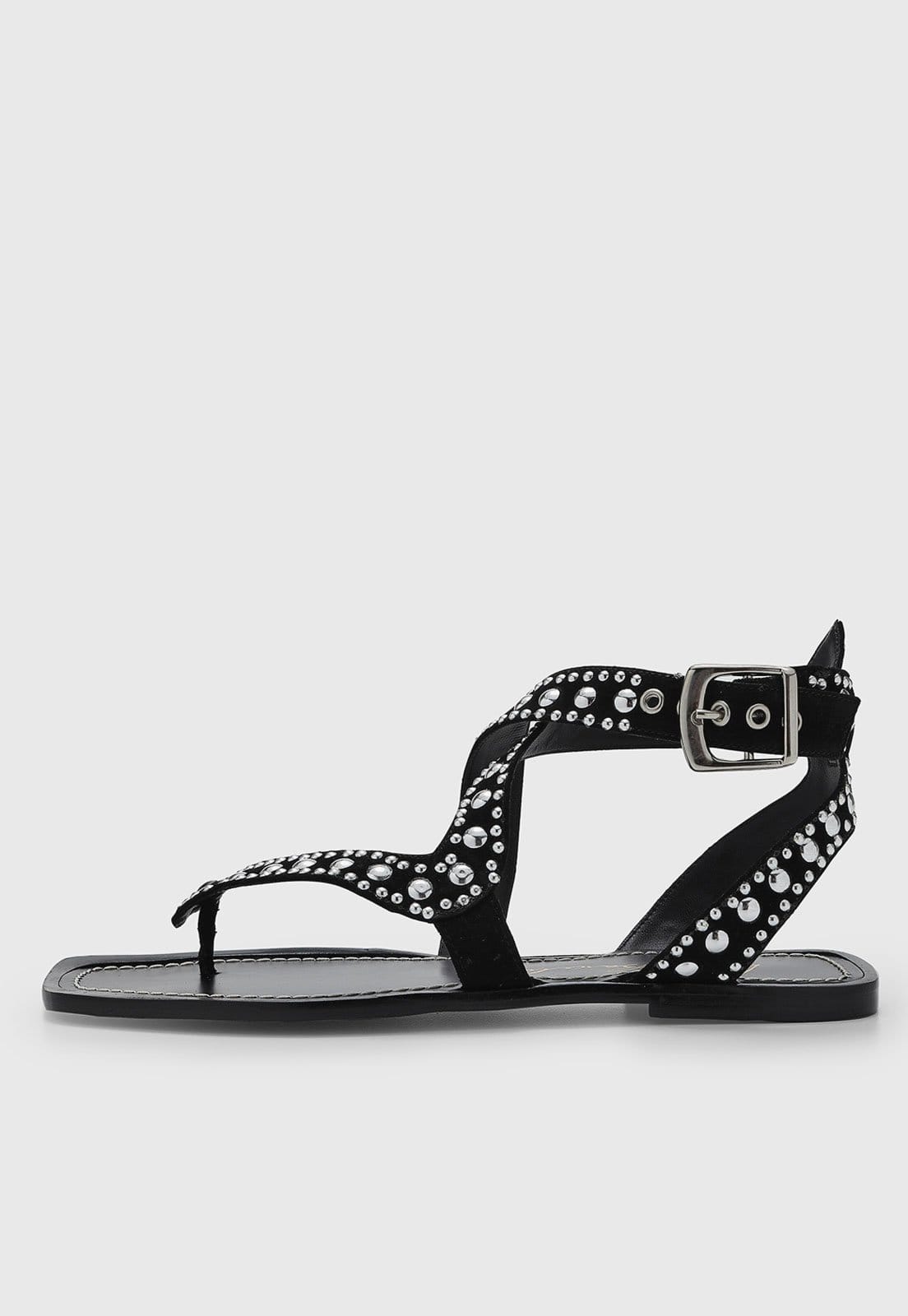 Vista principal Rasteira Feminina Luiza Barcelos Pedrarias Preta Luiza Barcelos preto