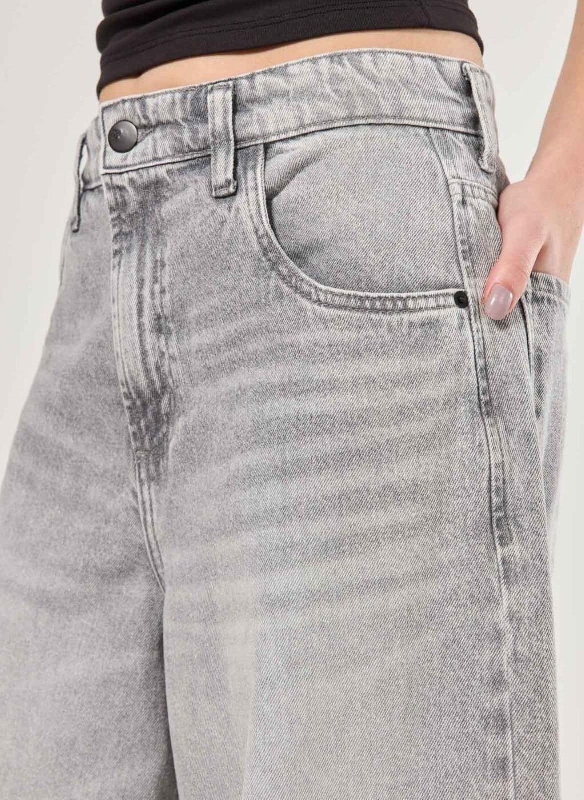 Vista 2 Calça Jeans Wide Leg Ampla Cintura Baixa Youcom cinza
