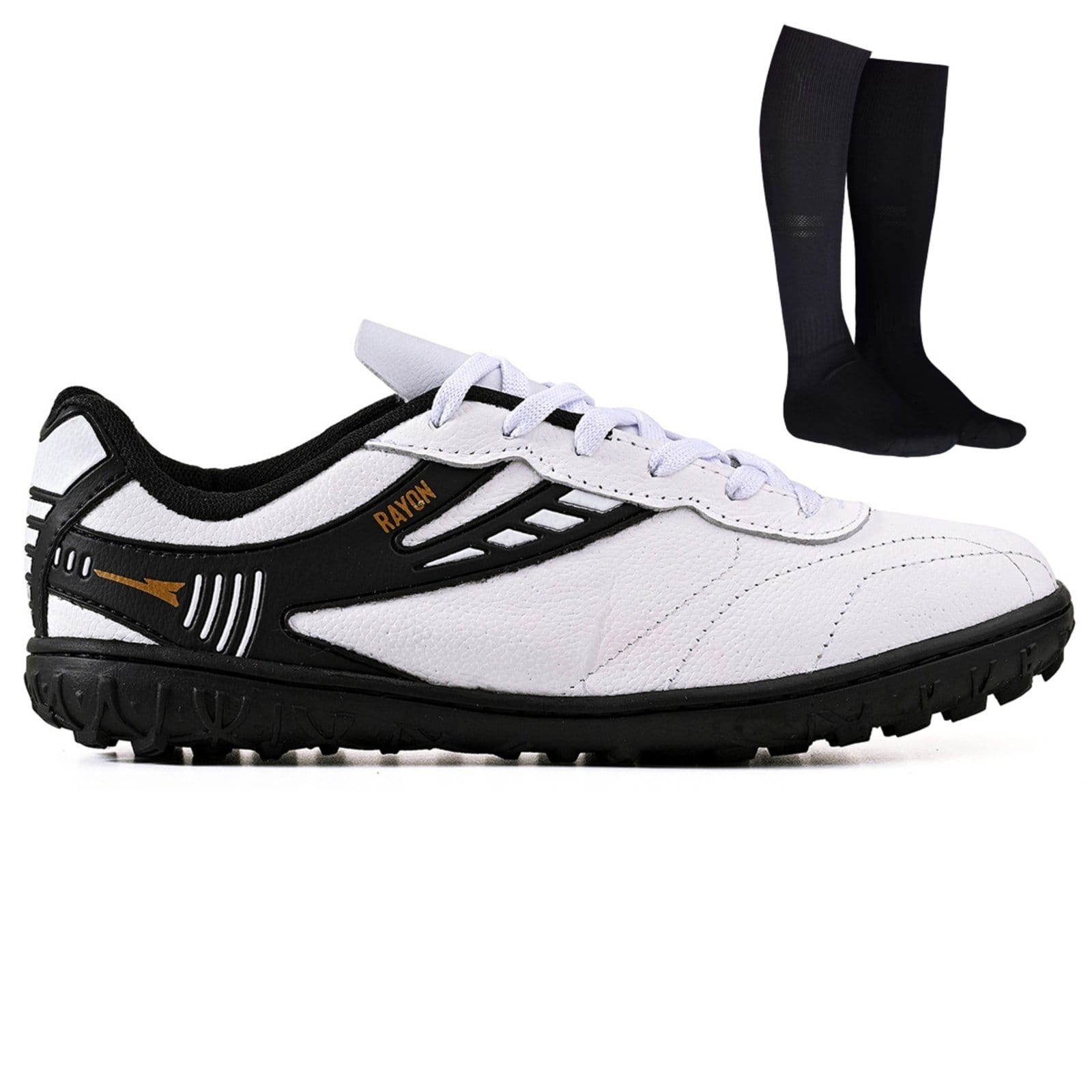 Vista principal Chuteira Futebol Society Profissional Masculina em Couro Para Grama Sintetica + Meião CALCADOS LGHT LIGHT branco