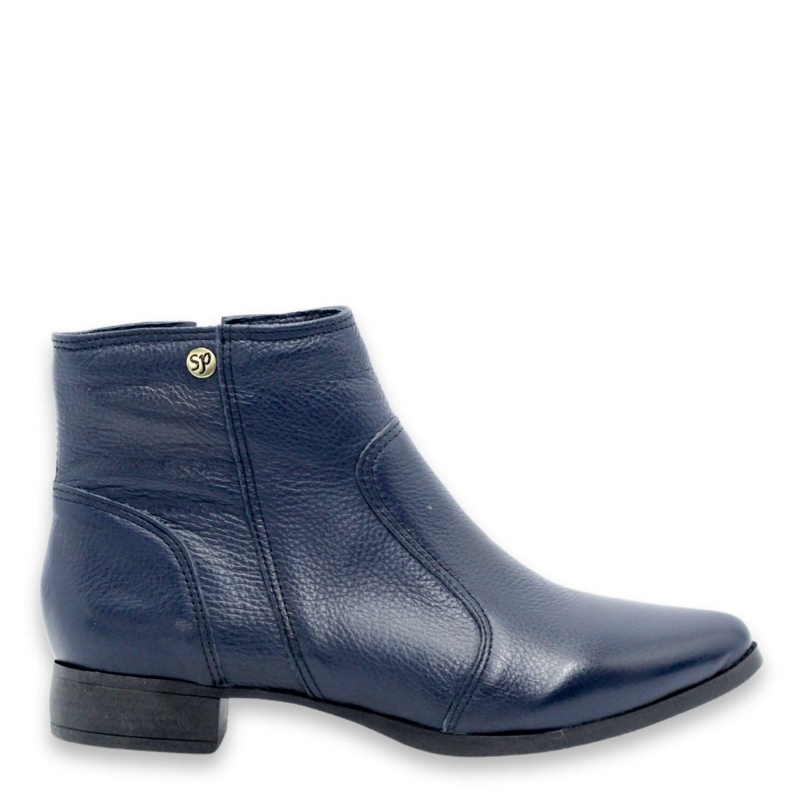 Vista principal Bota Feminina Bico Fino Cano Curto Couro Salto 2,5 CM Spinelli azul