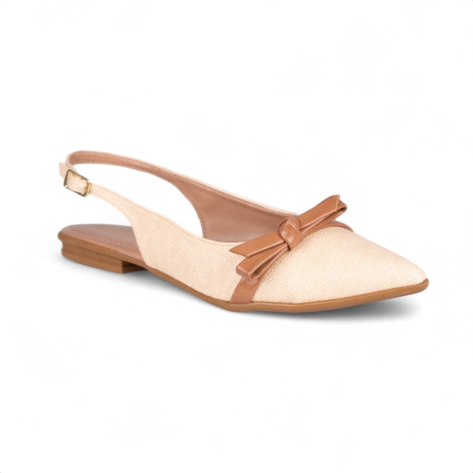 Sapatilha Slingback Fivela Bico Fino Tramado Laço Delicado Caramelo