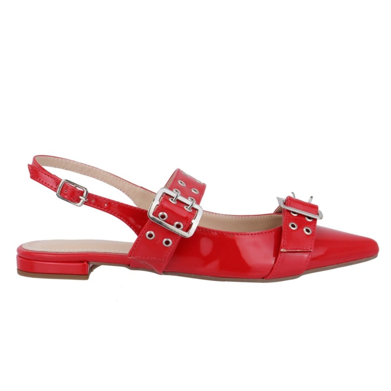 Vista 2 Sapatilha Slingback Rasteira Bico Fino Fivelas 183010 Flor da Pele vermelho