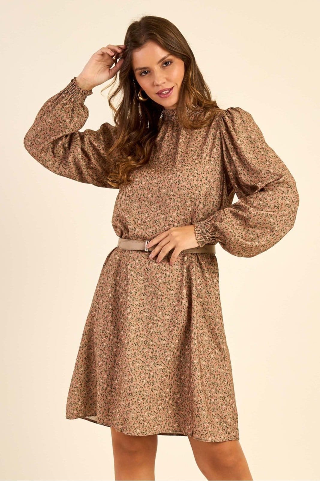 Vista principal Vestido Feminino Manga Longa Floral Marialícia Marialícia marrom