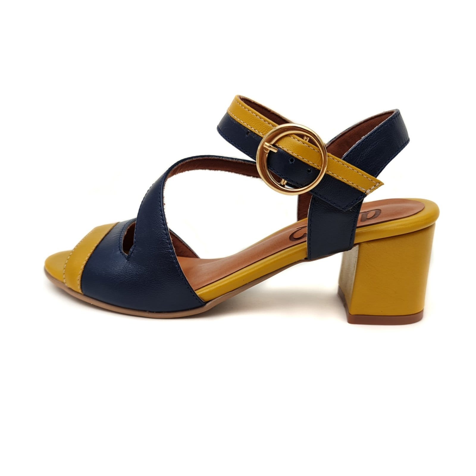 Vista 2 Sandália de Salto em Couro Amo Calçados Ive Mostarda com Azul Marinho Amo Calçados amarelo azul