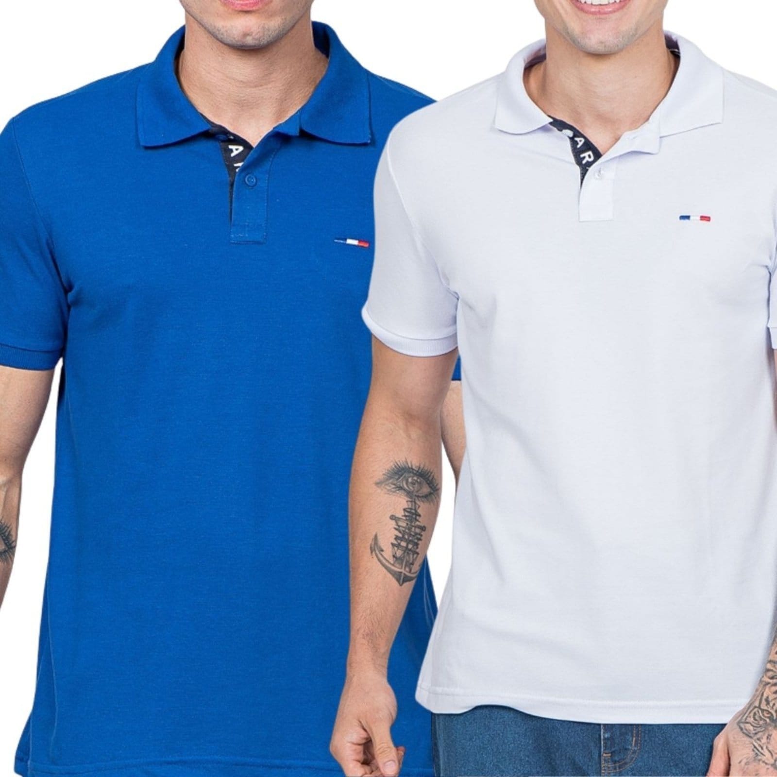 Kit 2 Polos Masculina Básicas Vih Triny Royal e Branco Piquet no Estilo Tommy Bordado França