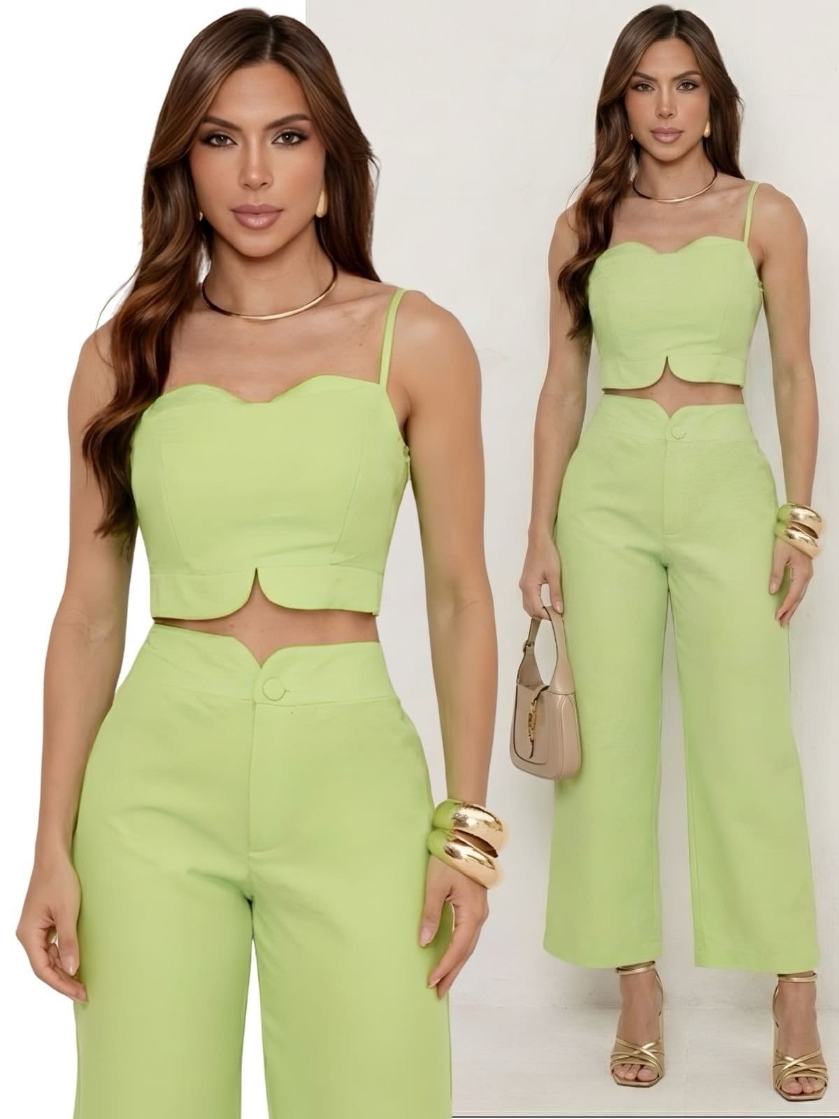 Vista principal Conjunto Feminino Alfaiataria Divina Gata Cropped e Calça Pantalona Lima DIVINA GATA verde