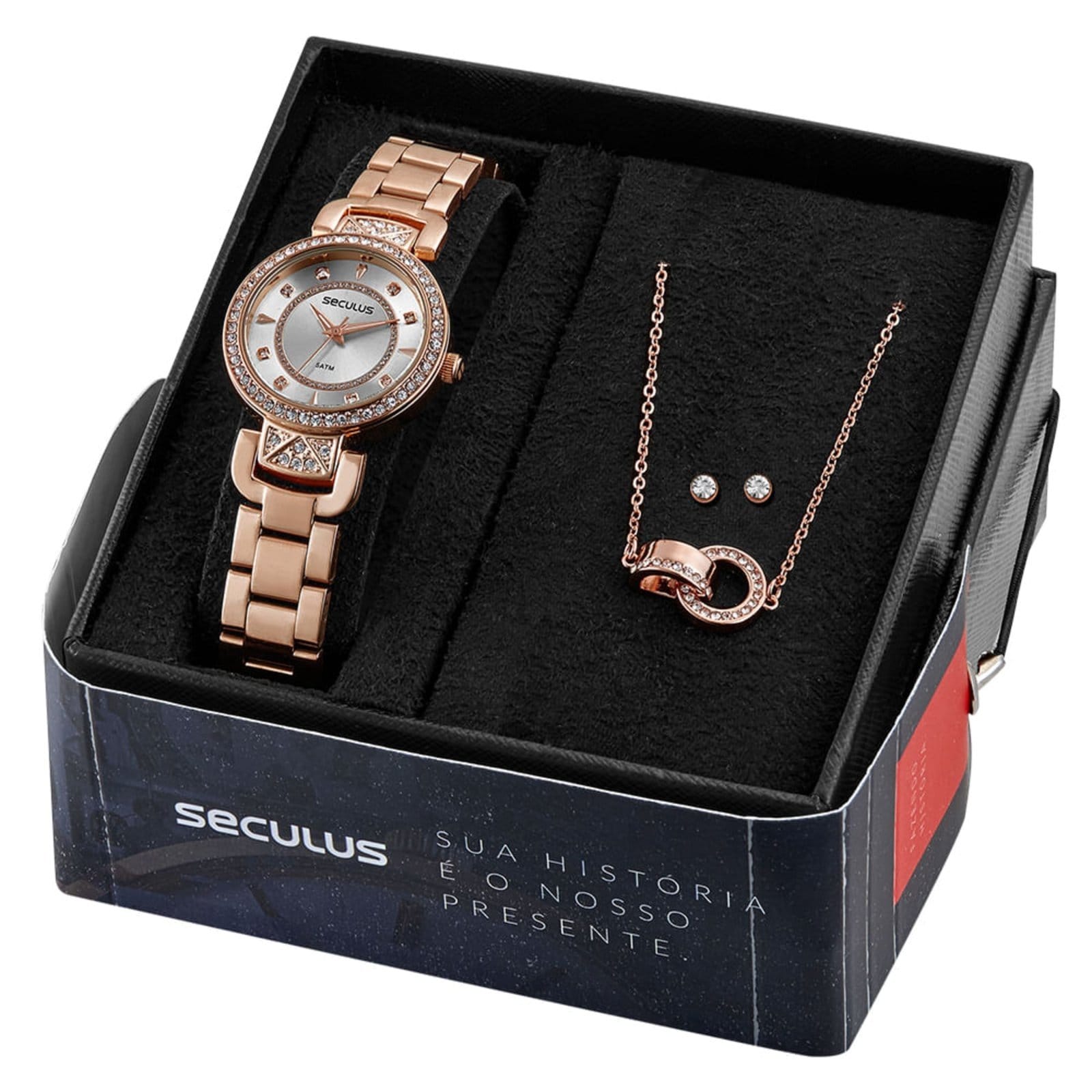 Vista principal Kit Relógio Seculus Feminino Cristais com Colar e Brincos Seculus rosa