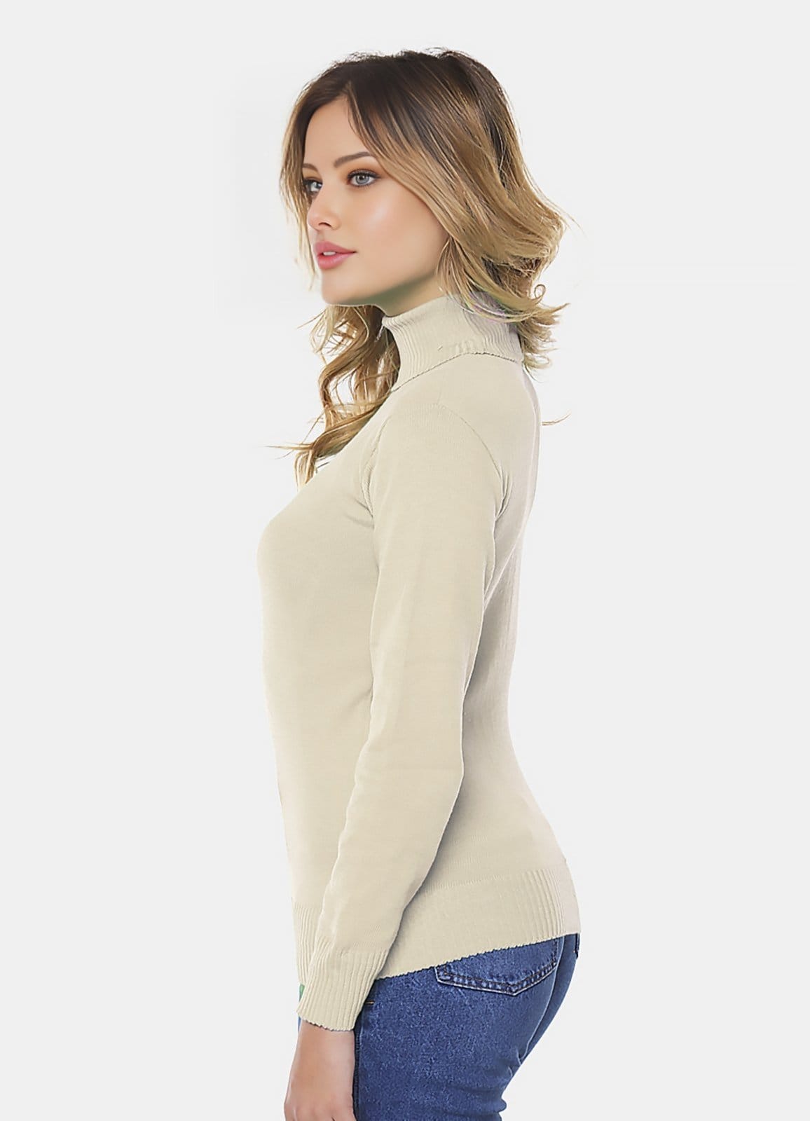 Vista 2 Blusa de Tricot Sob Gola Alta Manga Longa Justa SOB bege