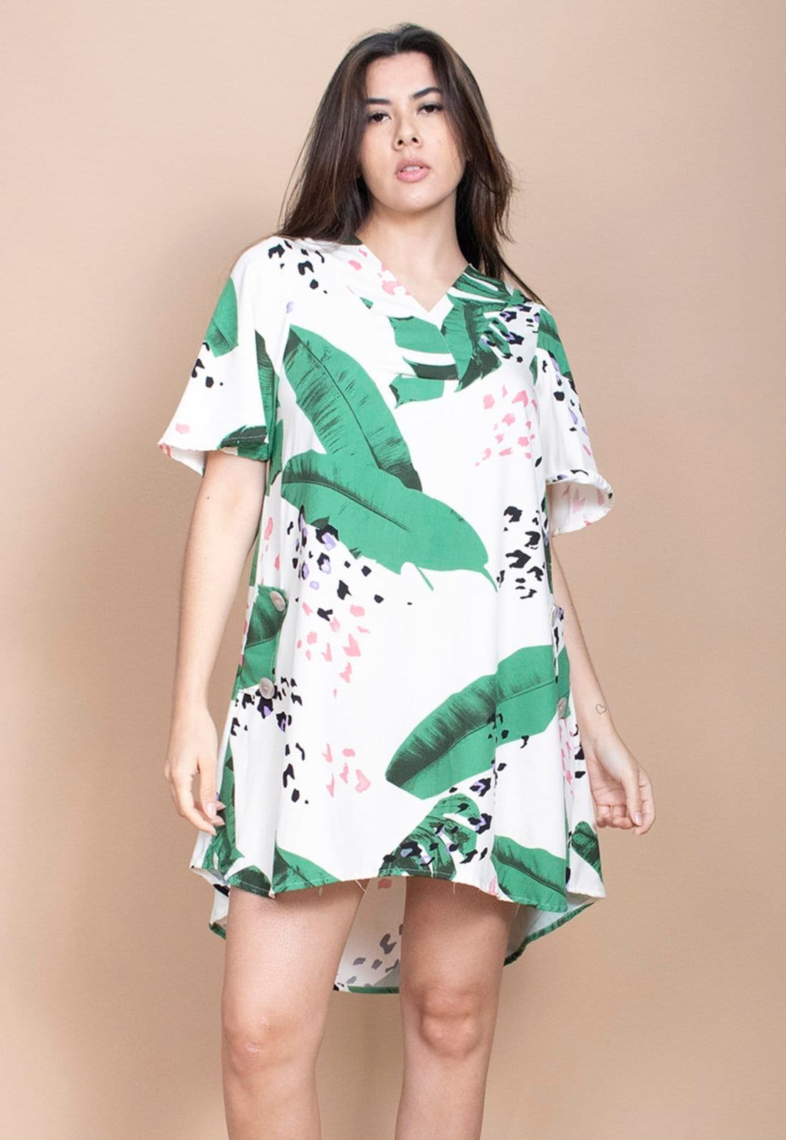 Vista principal Vestido Curto Cabanafree Pataxô Viscose Mullet Decote V Folhagem Poética Cabanafree estampado/off-white/preto