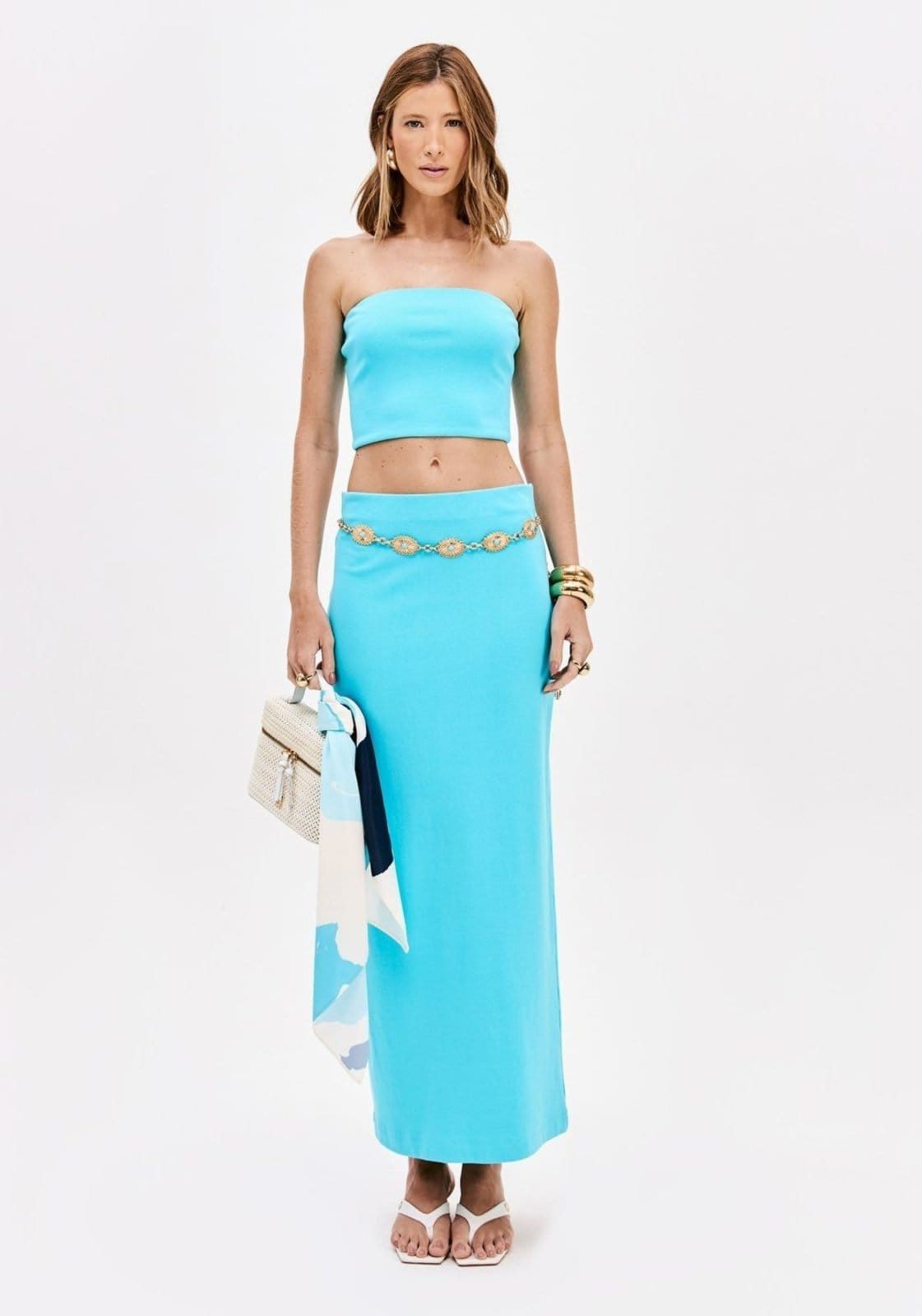 Vista principal Saia Reta Super Midi Cintura Alta Lança Perfume azul