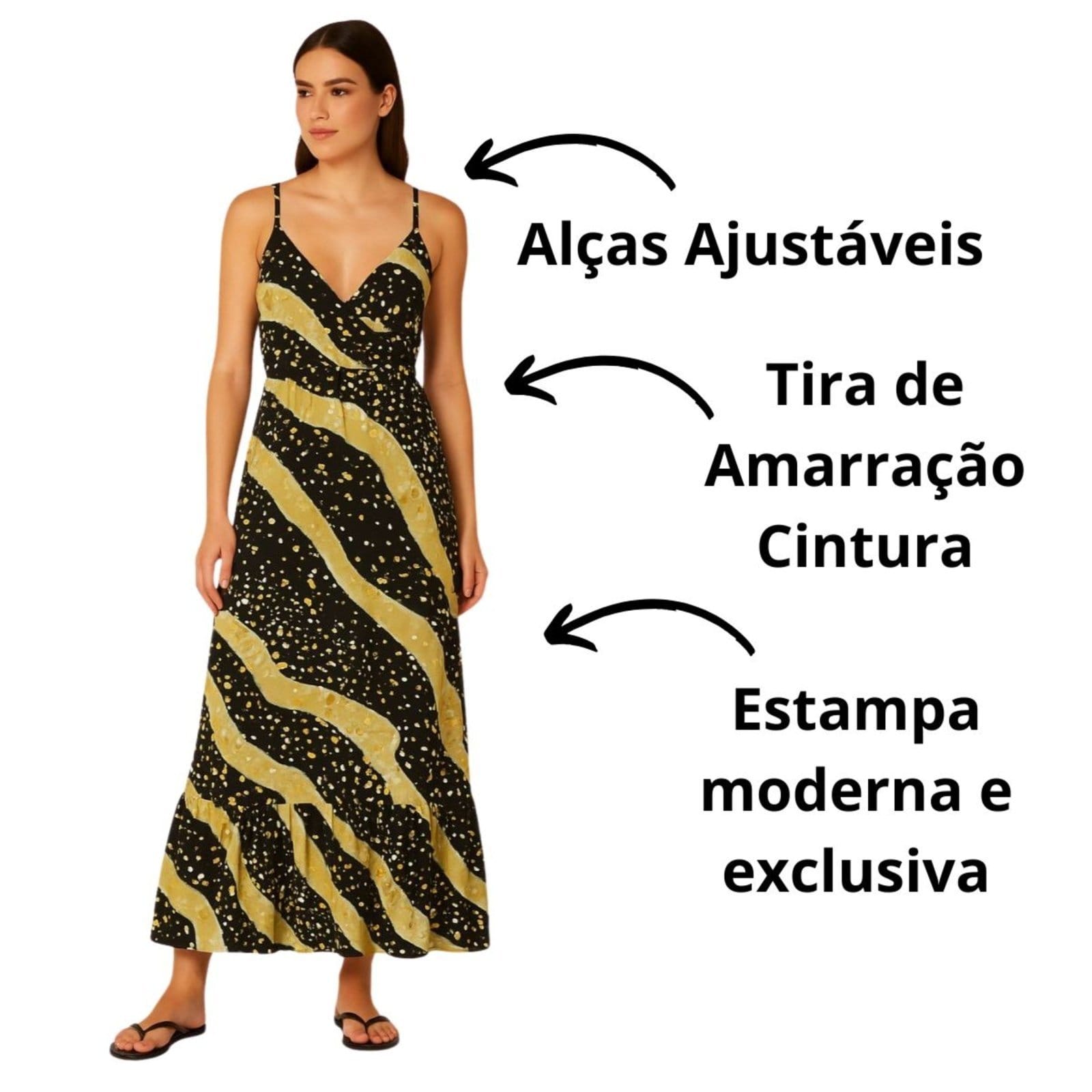 Vista 2 Vestido Longo FMF Indiano Estampado Feminino FMF preto