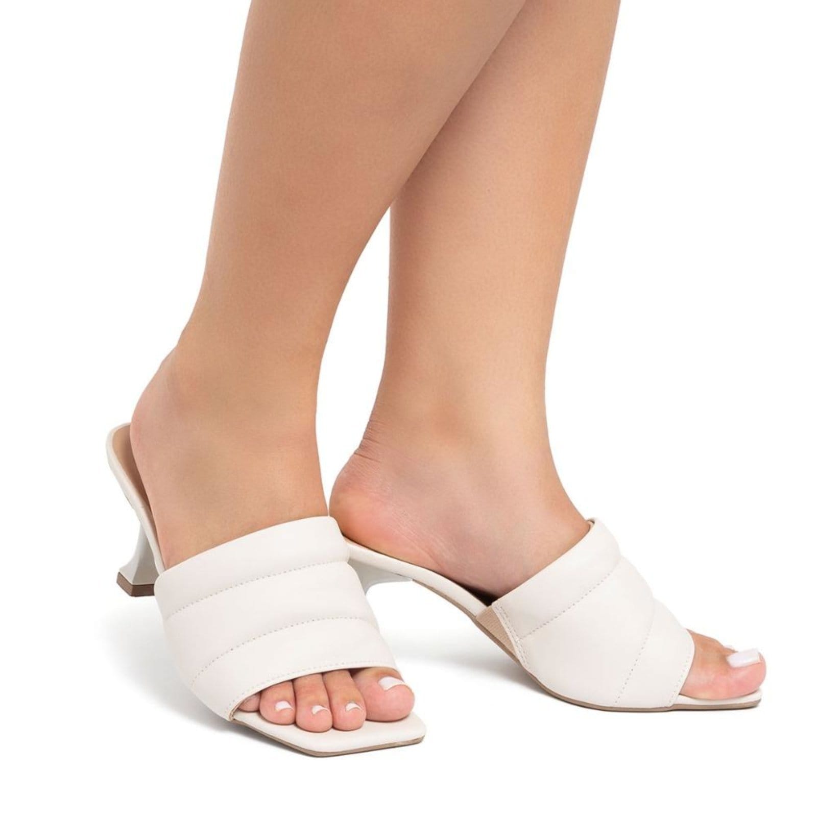 Vista 2 Sandália Tamanco Salto Taça Baixo Confortável e Elegante Off-white Stessy Shoes off-white white