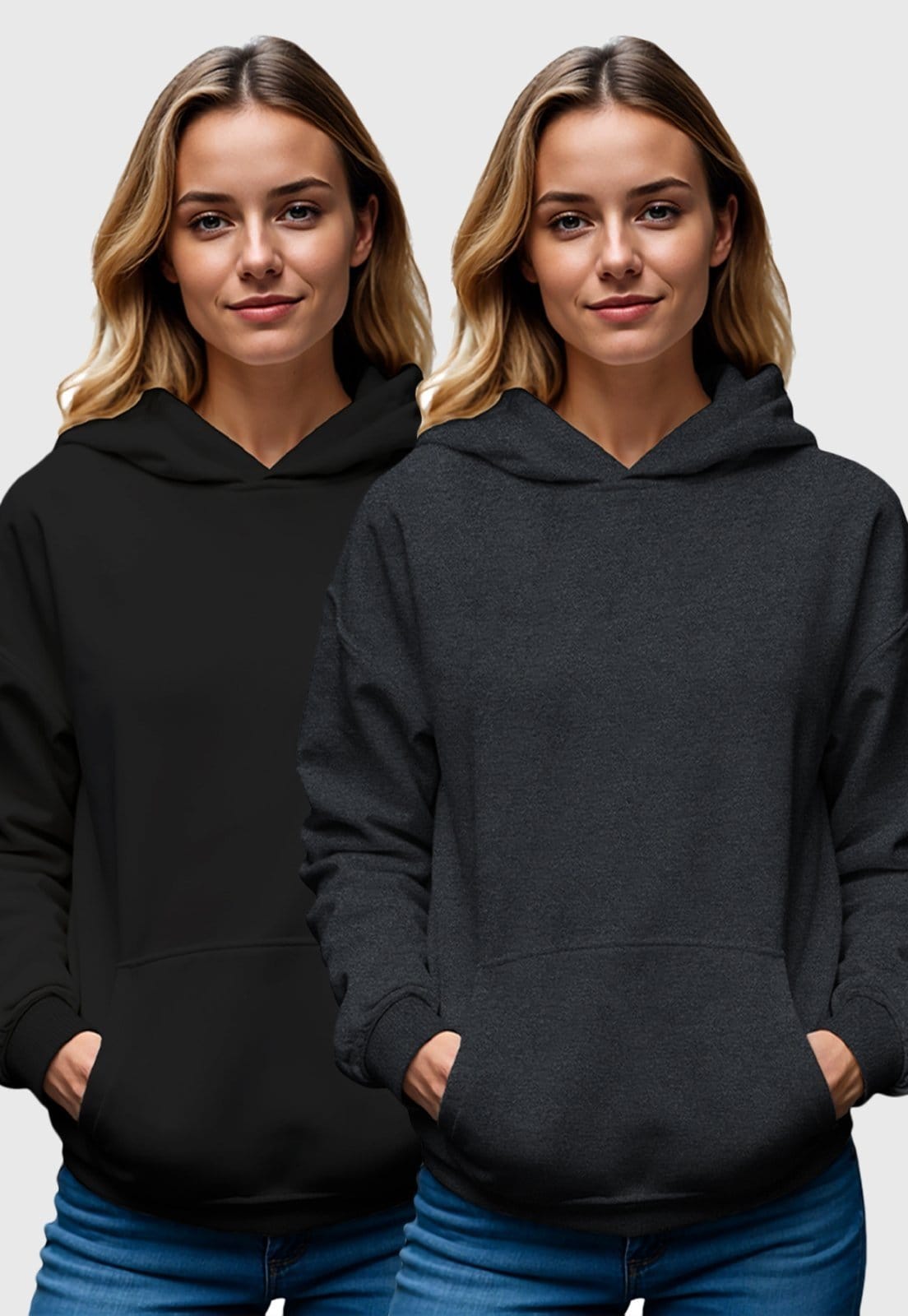 Vista 2 Kit 2 Moletom Canguru Feminino Fechado Flanelado Benellys Liso Chumbo com Benellys grafite/preto