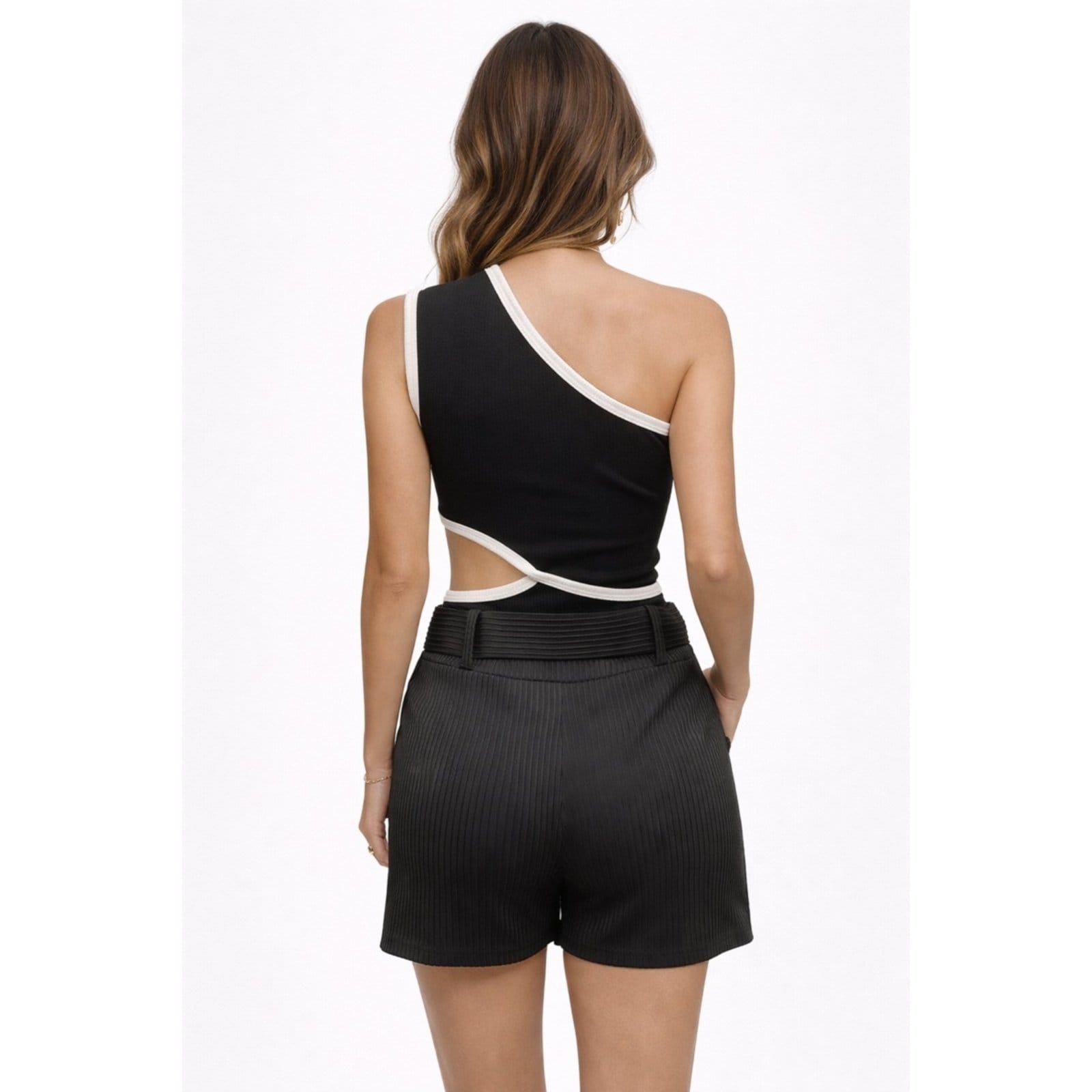 Vista 2 Short Feminino Cintura Alta Malha Canelada com Cinto e Bolso Summer Body preto