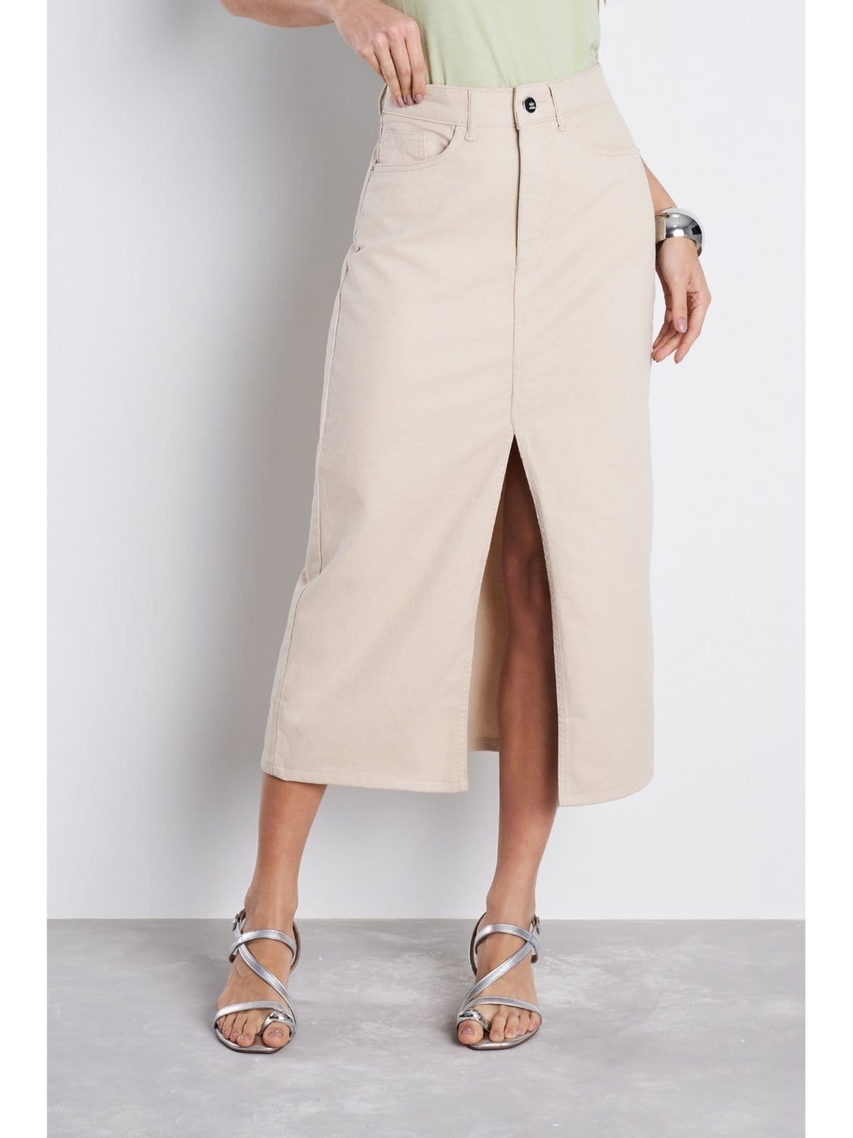 Vista principal Saia Midi Jeans Feminina Cintura Alta NEW DENIM bege