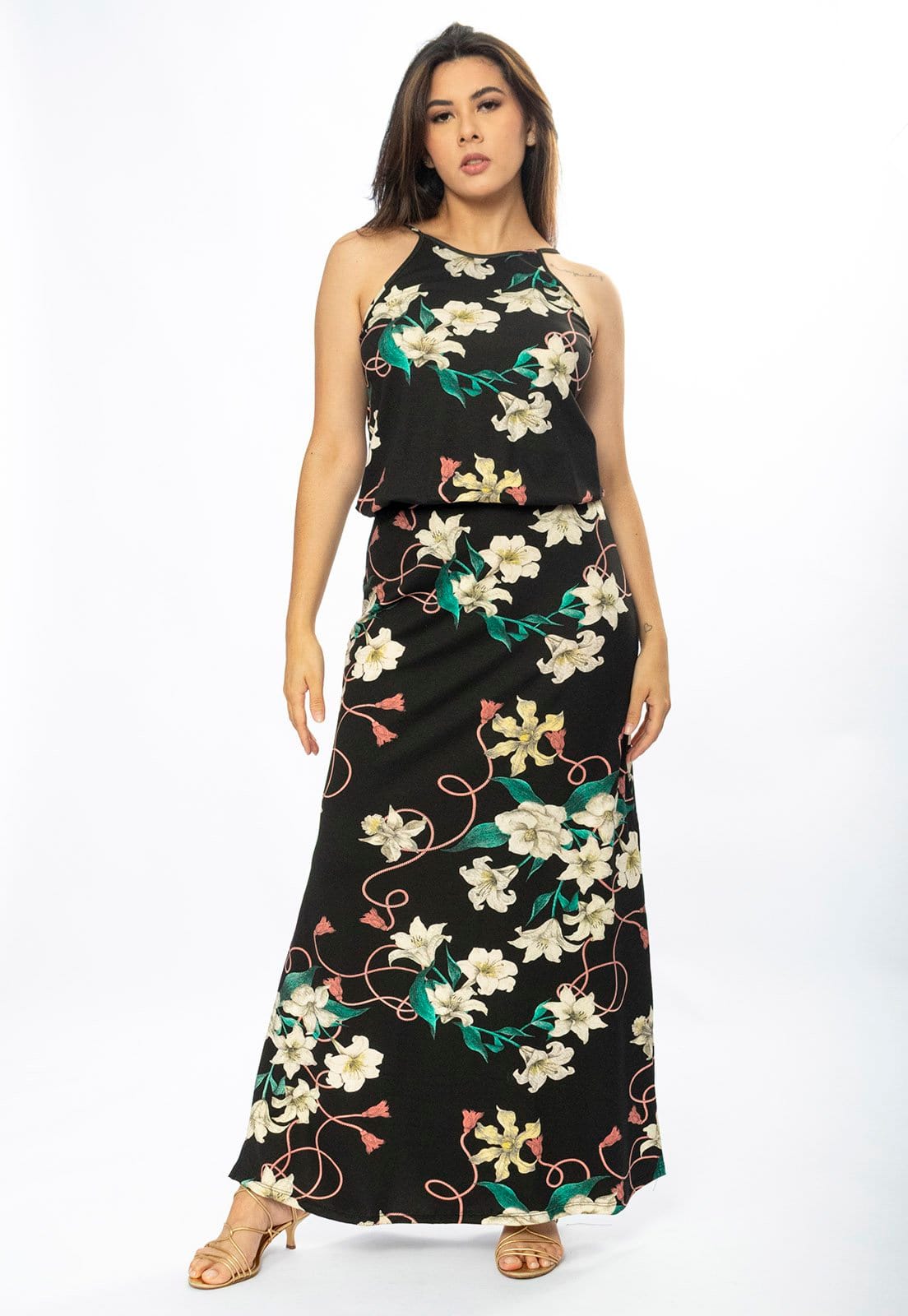 Vestido Longo Cabanafree Malha Trapézio com Elástico na Cintura Flores Ébano