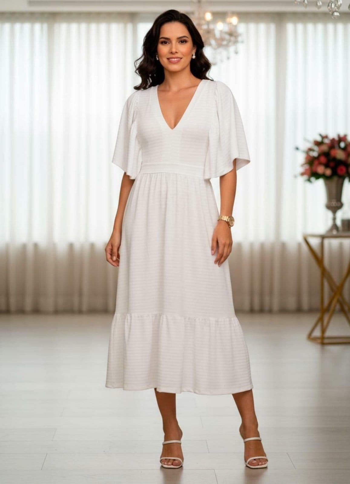Vista 2 Vestido Em Malha Texturizada Off White Quintess branco white