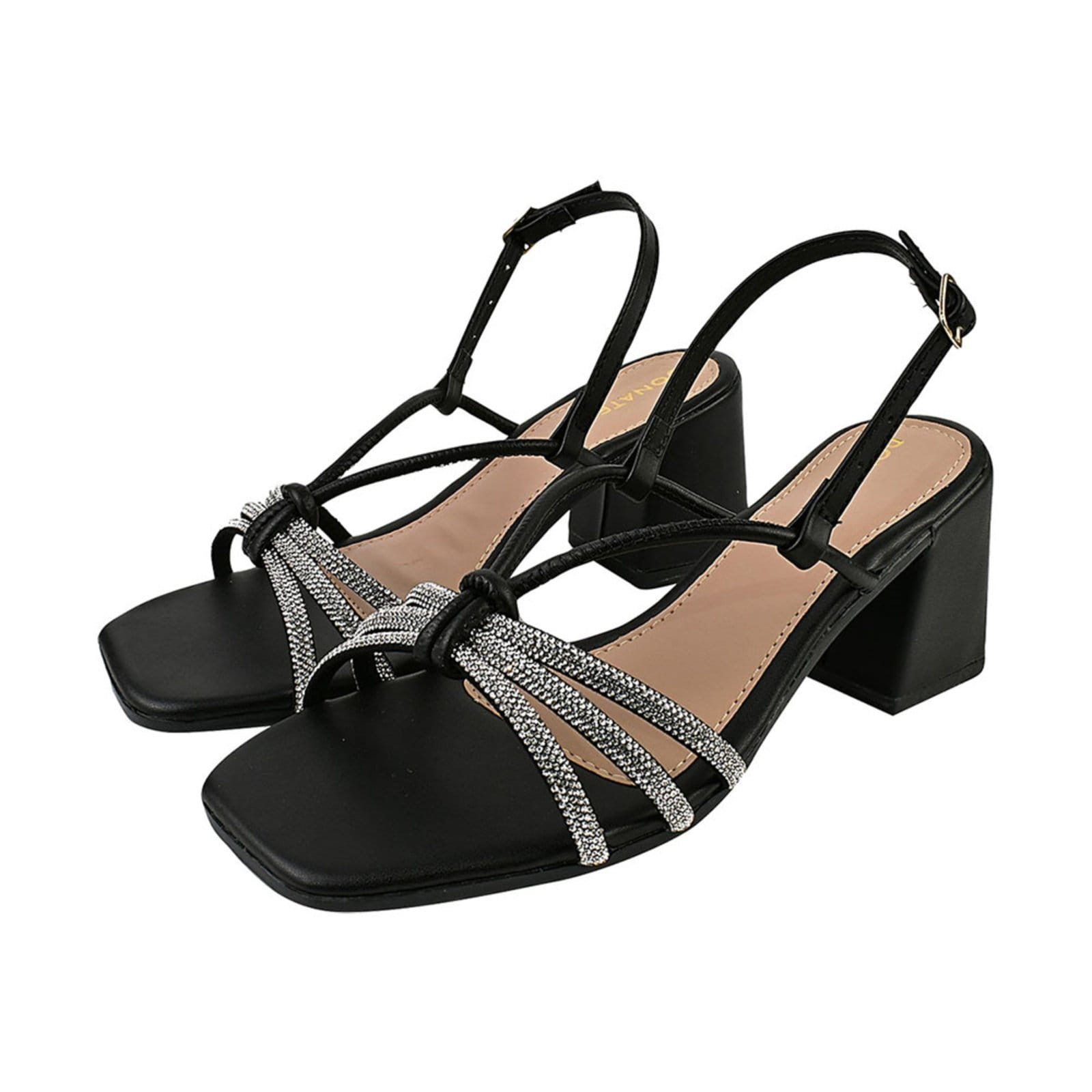 Vista principal Sandália Feminina CM Calçados Bico Quadrado Salto Alto Casual Santorine Brilho Strass Monte Shoes preto