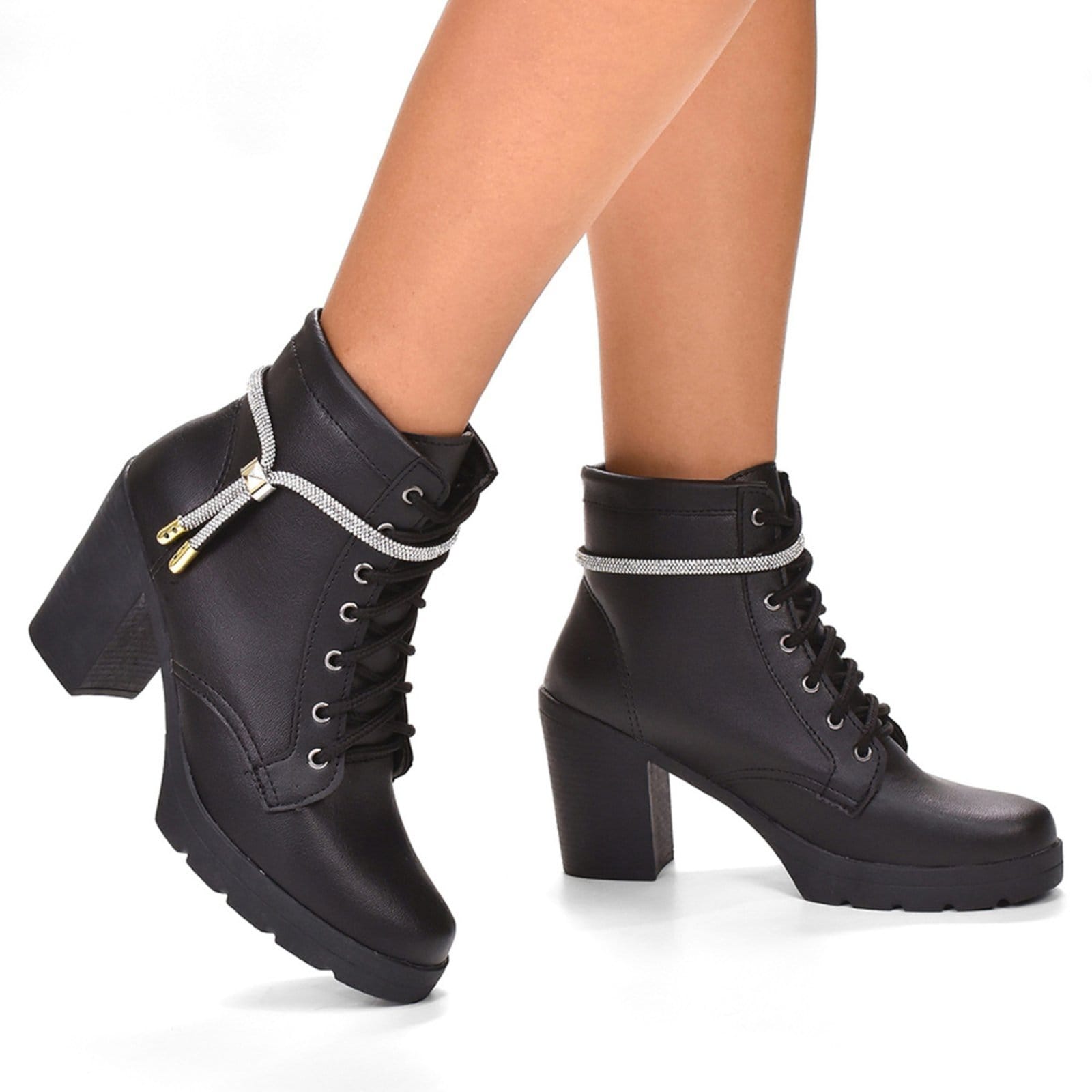 Vista 2 Coturno Feminino Bota Salto Alto Donatella Shoes Plataforma Brilho Strass Cadarço Enfeite Removível Novo Donatella Shoes preto